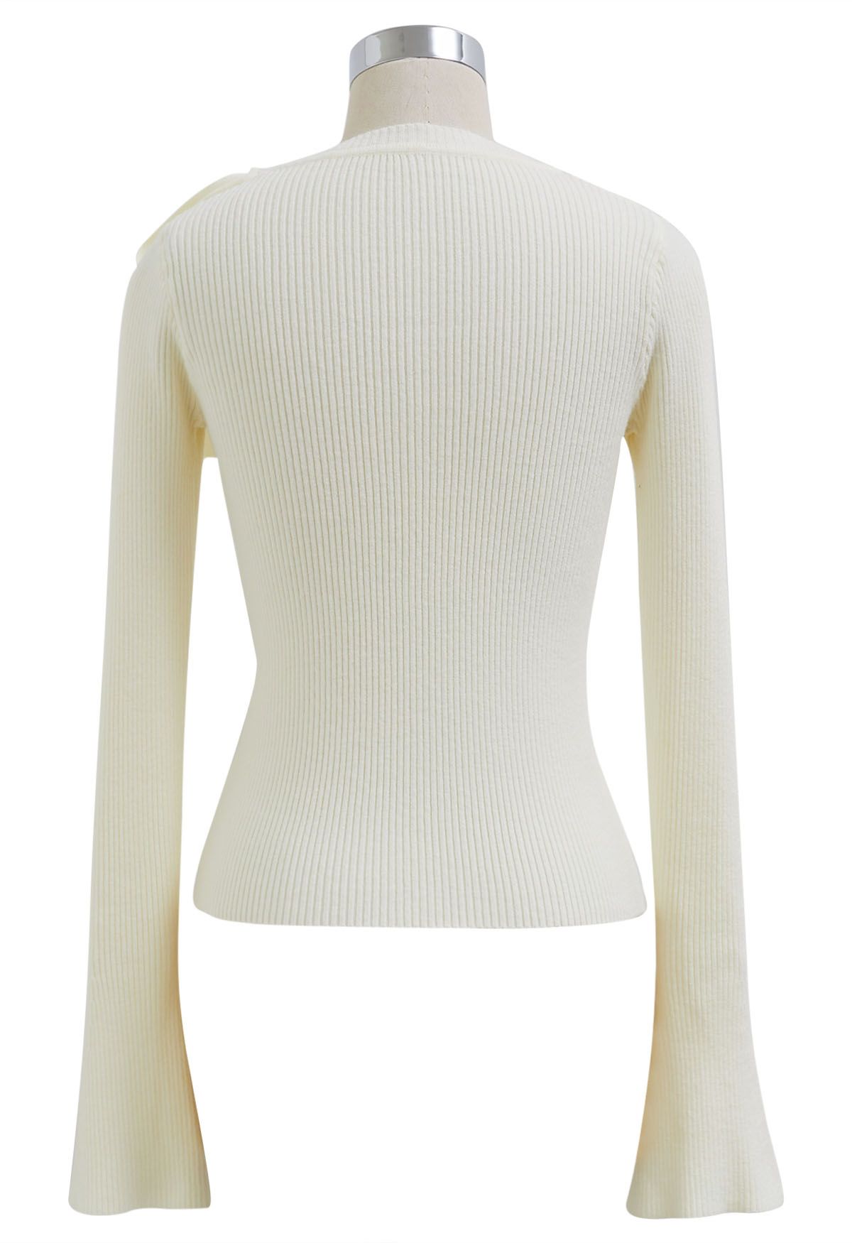 Mesh Inserted Side Bowknot Fitted Knit Top in Cream