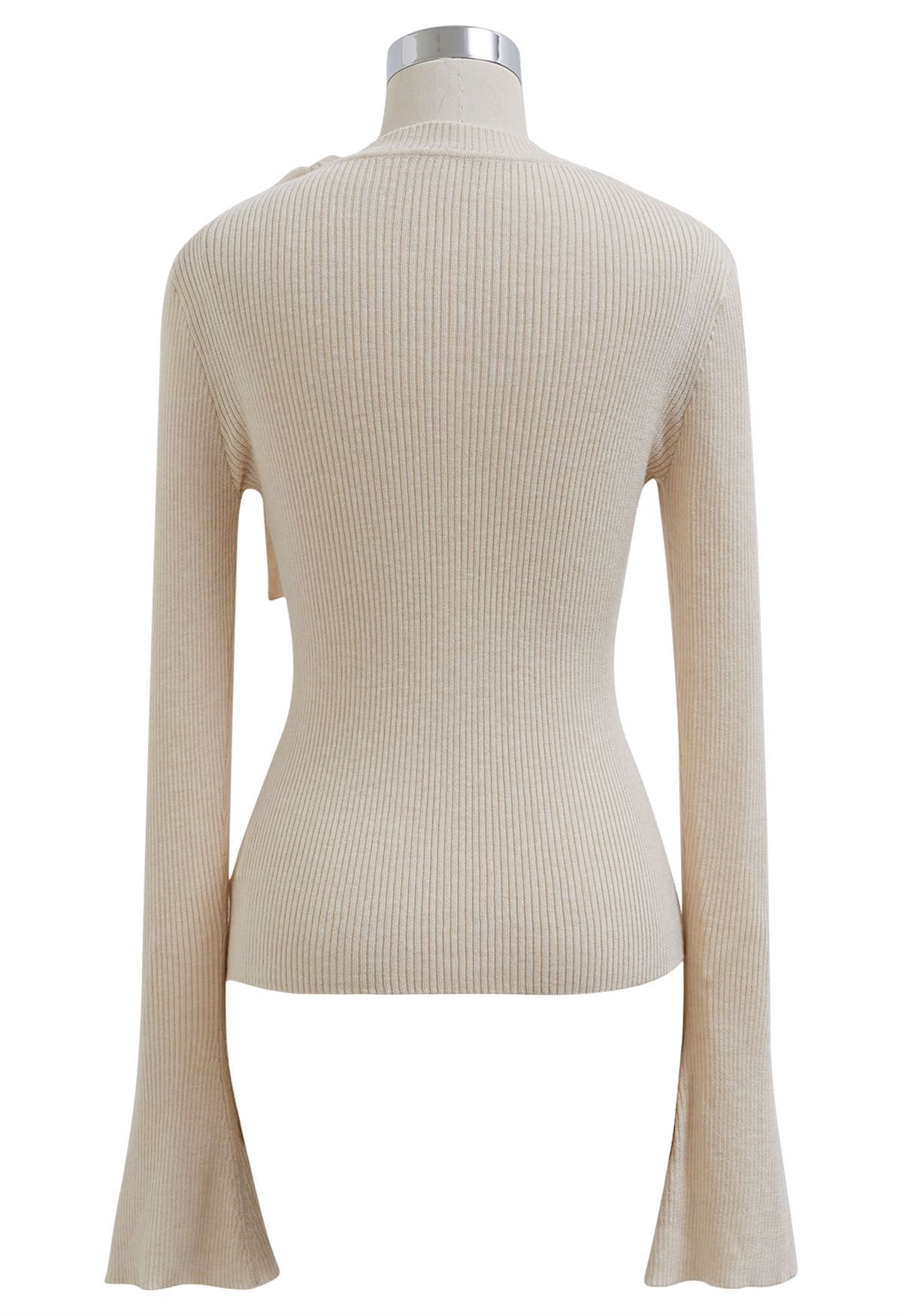 Mesh Inserted Side Bowknot Fitted Knit Top in Oatmeal