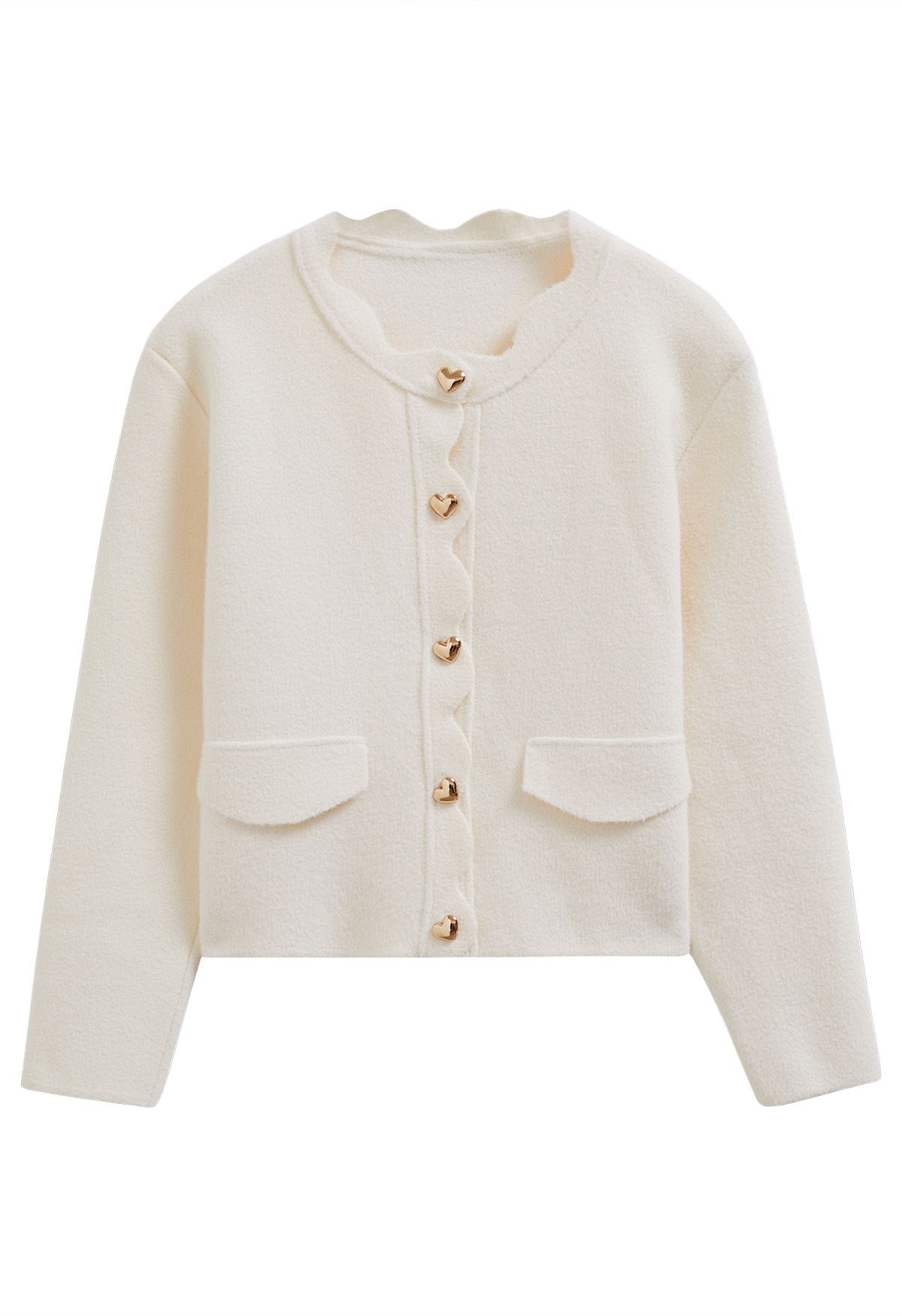 Scallop Edge Heart-Shape Button Knit Cardigan in Cream