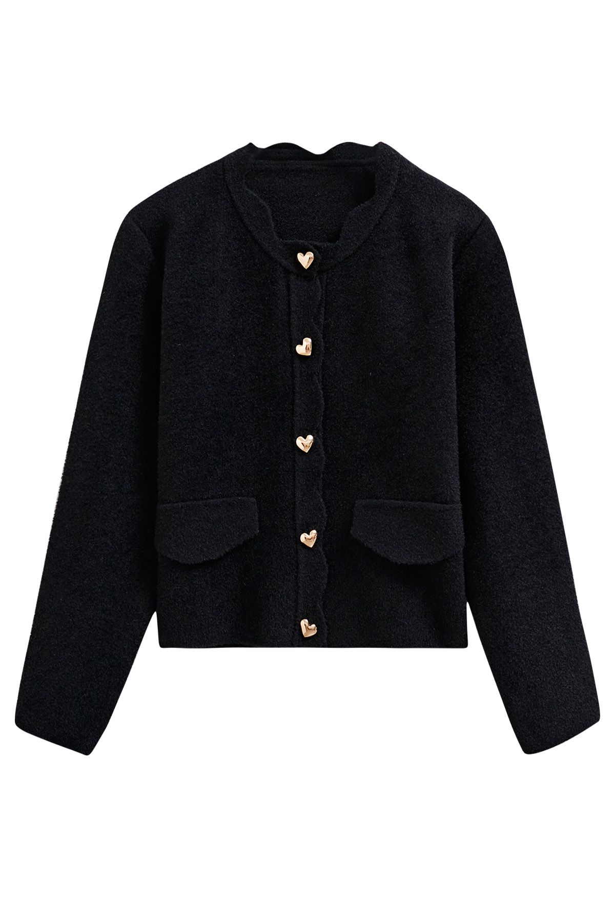 Scallop Edge Heart-Shape Button Knit Cardigan in Black