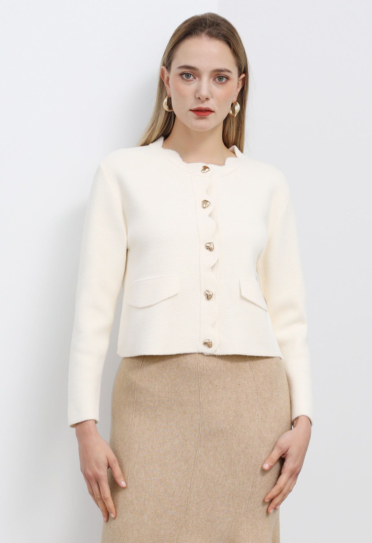 Scallop Edge Heart-Shape Button Knit Cardigan in Cream