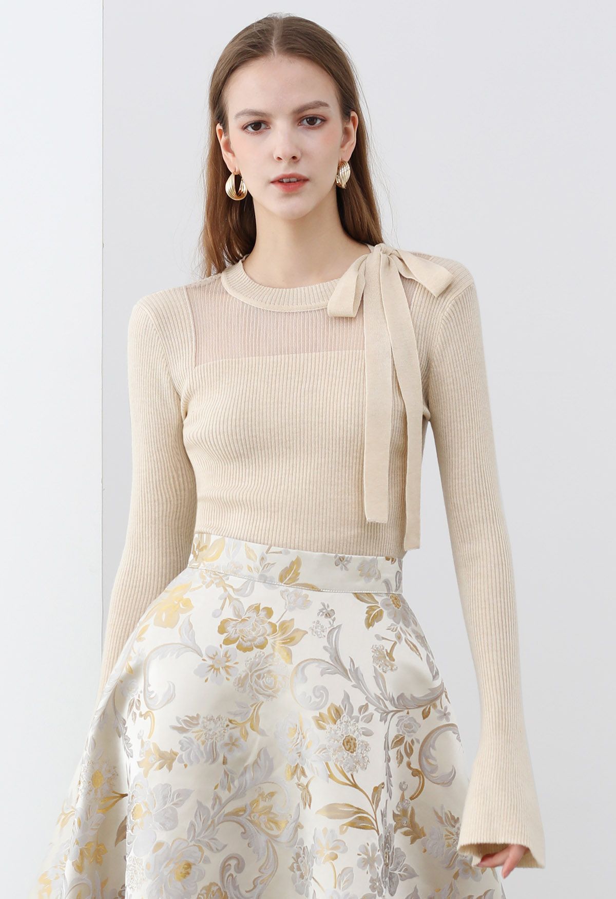 Mesh Inserted Side Bowknot Fitted Knit Top in Oatmeal