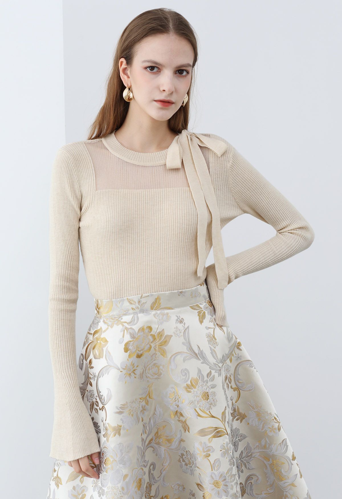 Mesh Inserted Side Bowknot Fitted Knit Top in Oatmeal