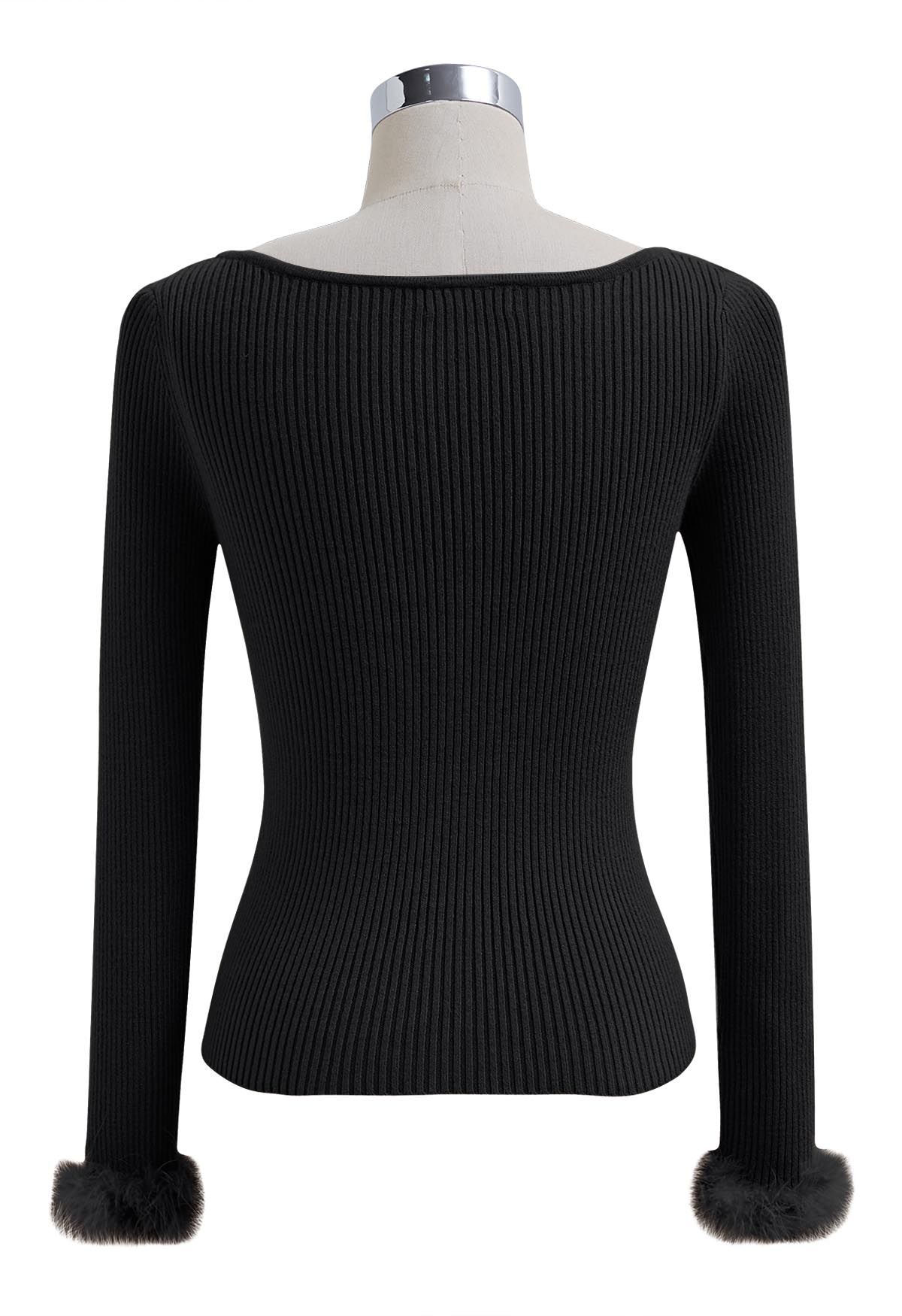 Wavy Neckline Feather Trim Cuffs Knit Top in Black