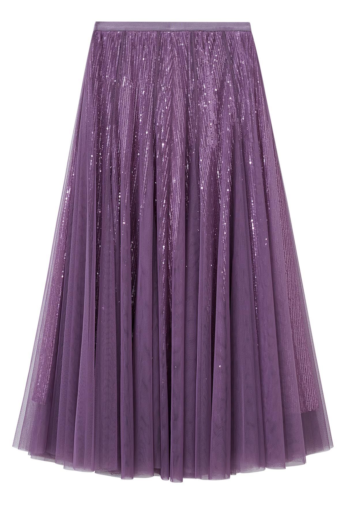 Ravishing Sequins Mesh Tulle Midi Skirt in Purple