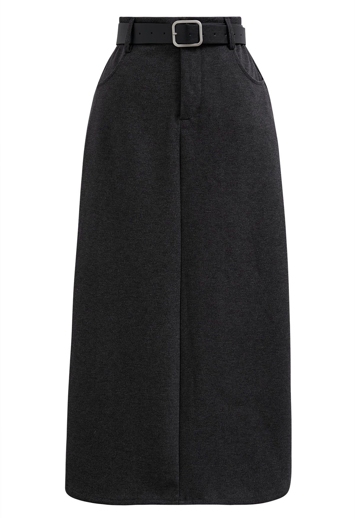 Slit Back Belted Maxi Skirt in Smoke