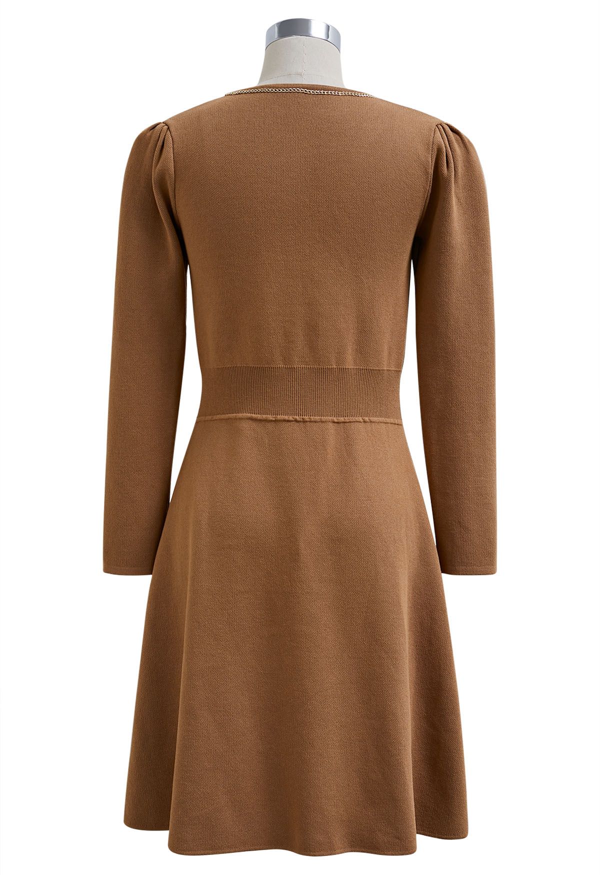 Golden Button Embellished A-Line Knit Dress in Camel