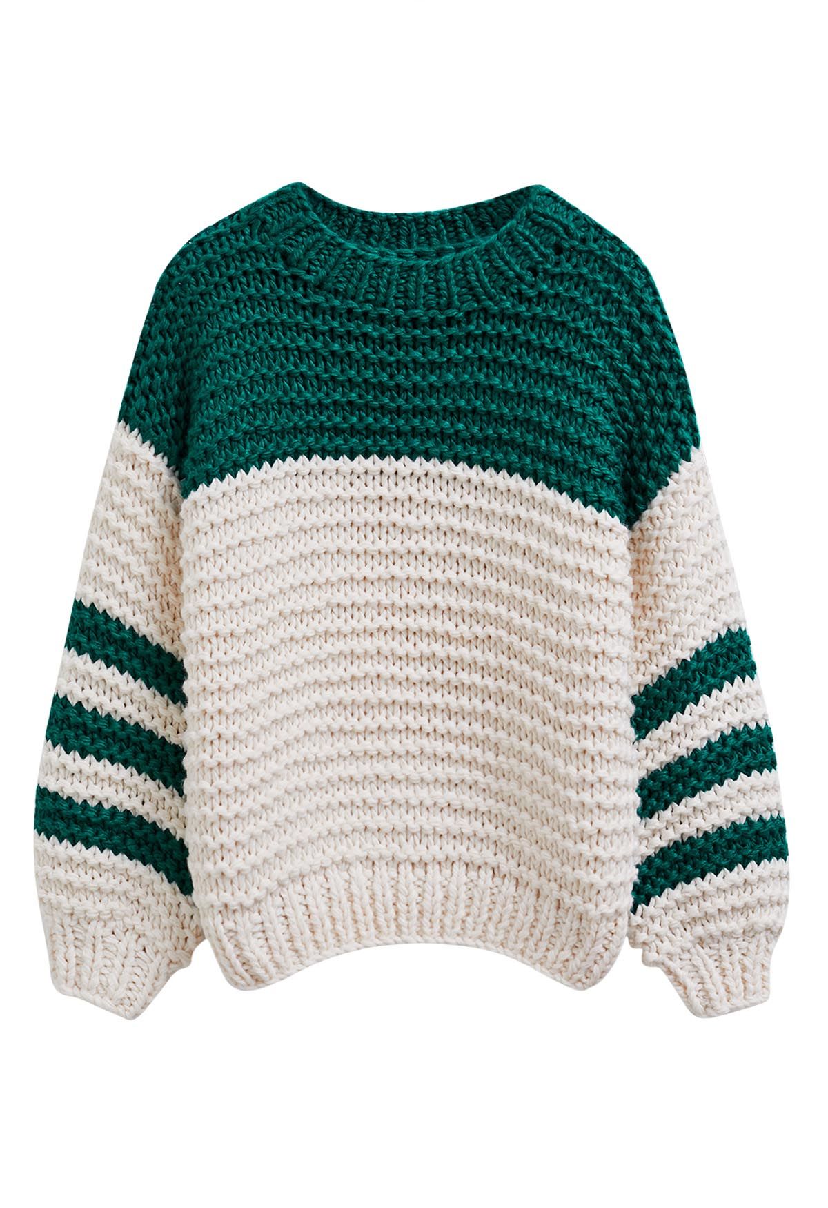 Two-Tone Striped Sleeves Chunky Hand Knit Sweater in Green