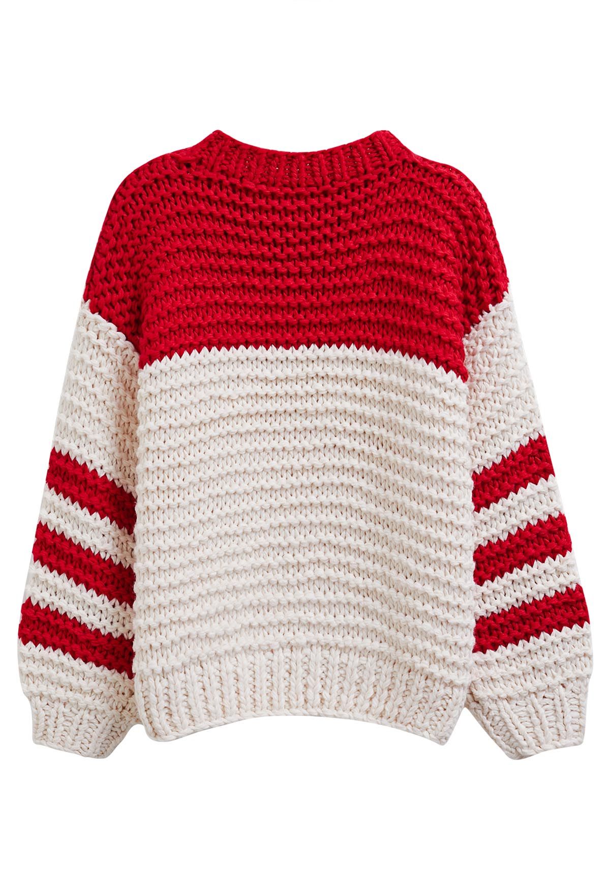 Two-Tone Striped Sleeves Chunky Hand Knit Sweater in Red