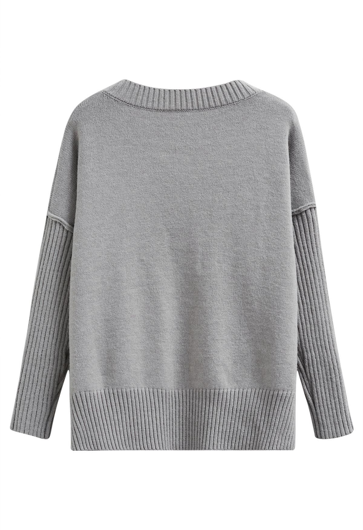 Dropped Shoulder Side Slit Slouchy Knit Sweater in Grey