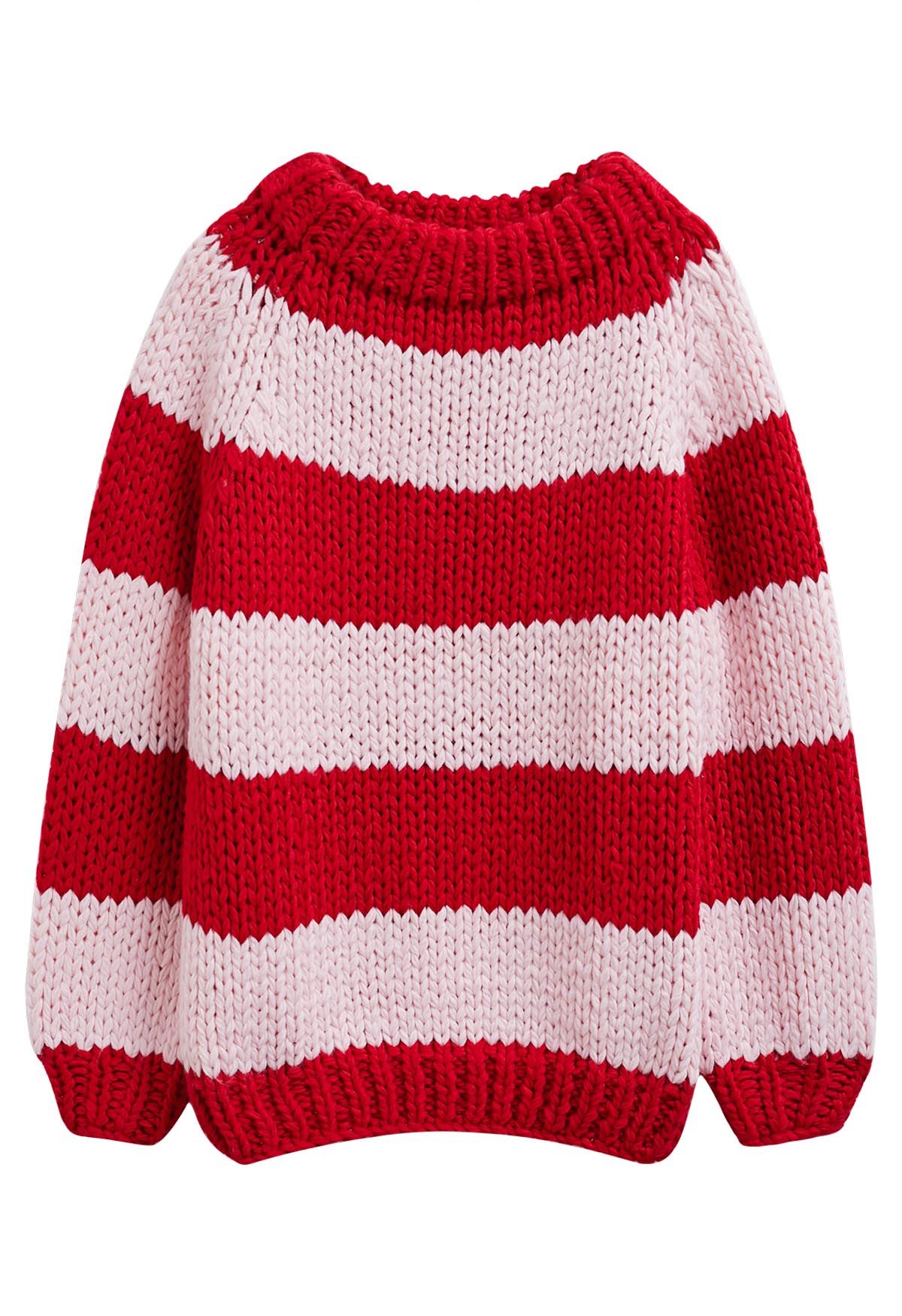 Festive Striped Chunky Hand Knit Sweater