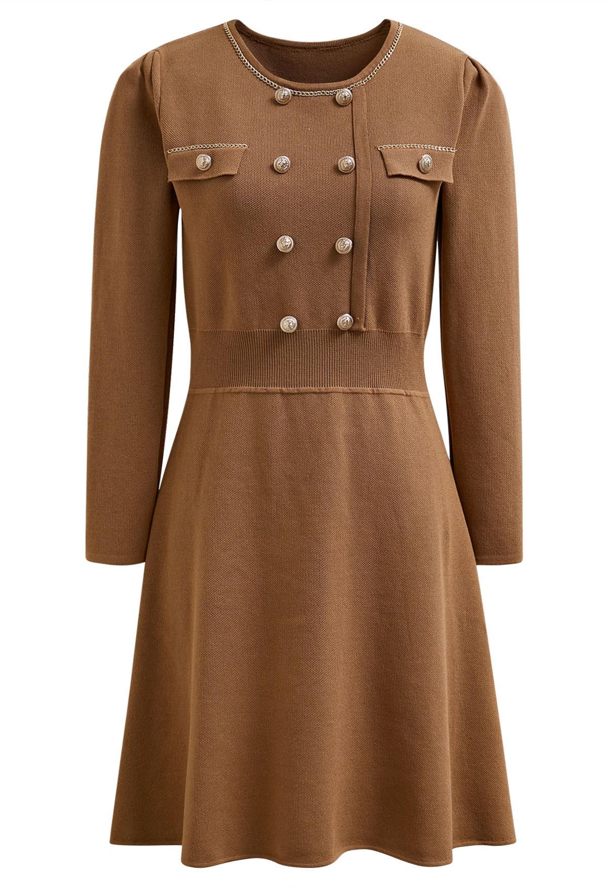 Golden Button Embellished A-Line Knit Dress in Camel