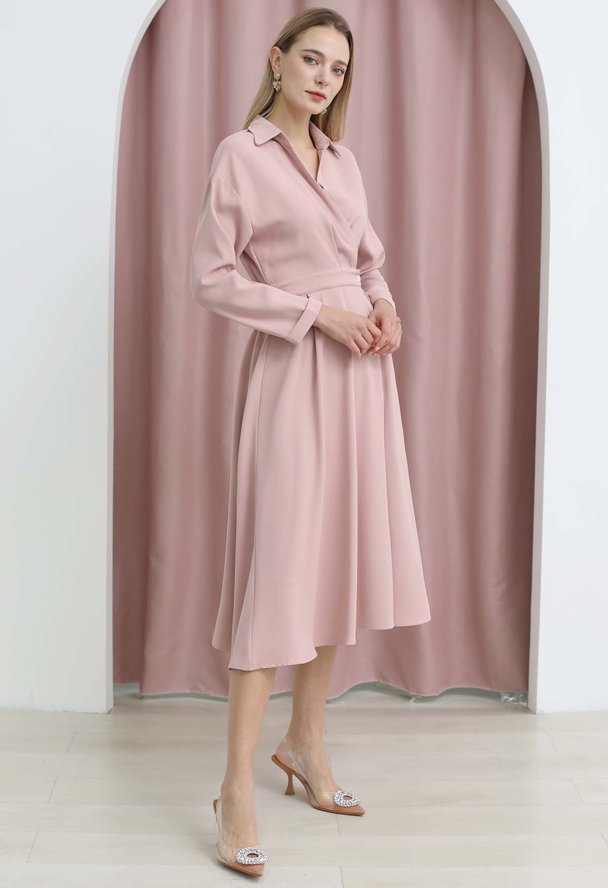Buttoned Wrap Midi Shirt Dress in Pink