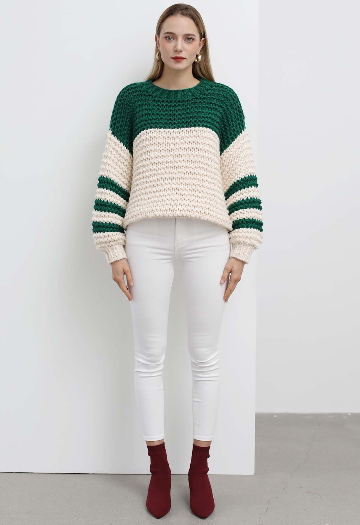 Two-Tone Striped Sleeves Chunky Hand Knit Sweater in Green