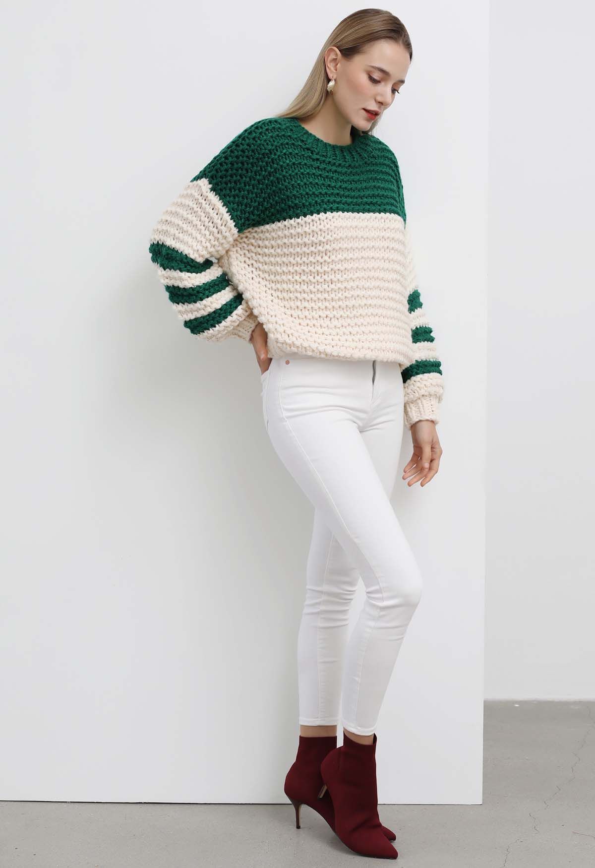 Two-Tone Striped Sleeves Chunky Hand Knit Sweater in Green