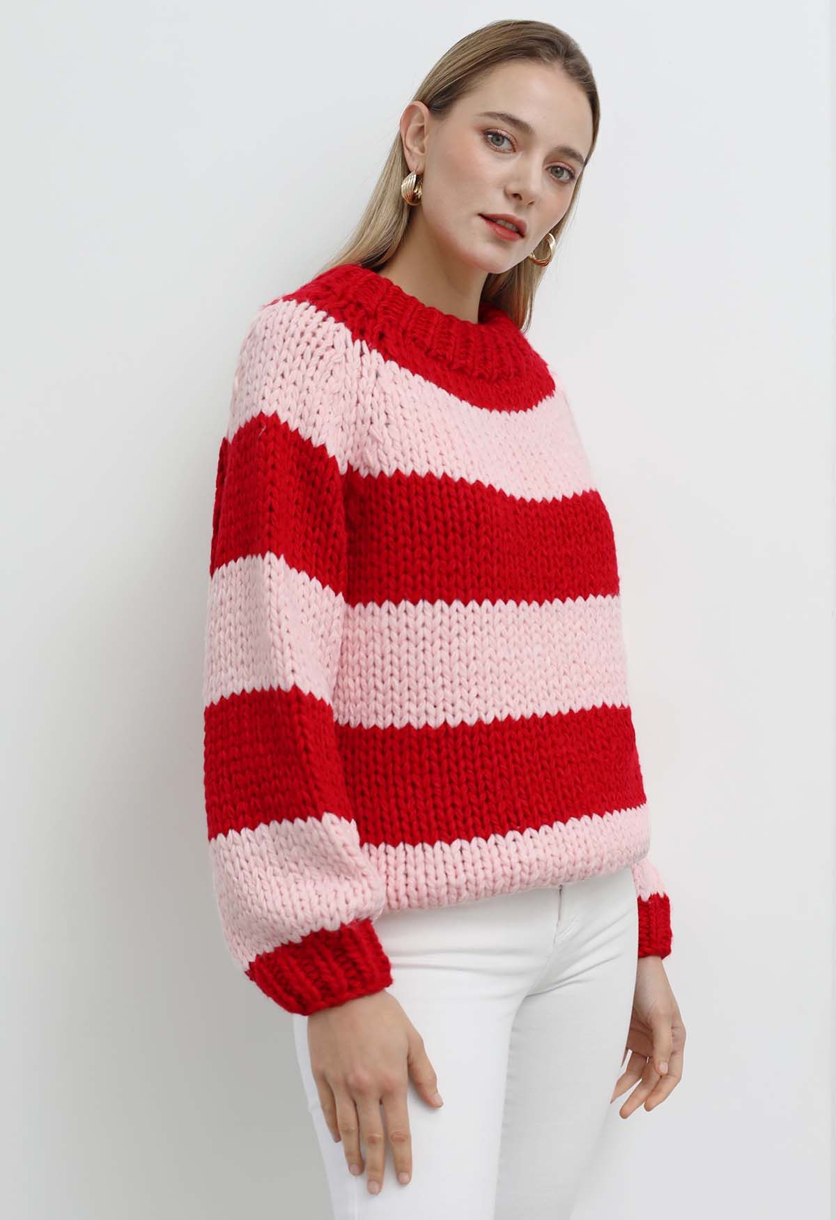 Festive Striped Chunky Hand Knit Sweater