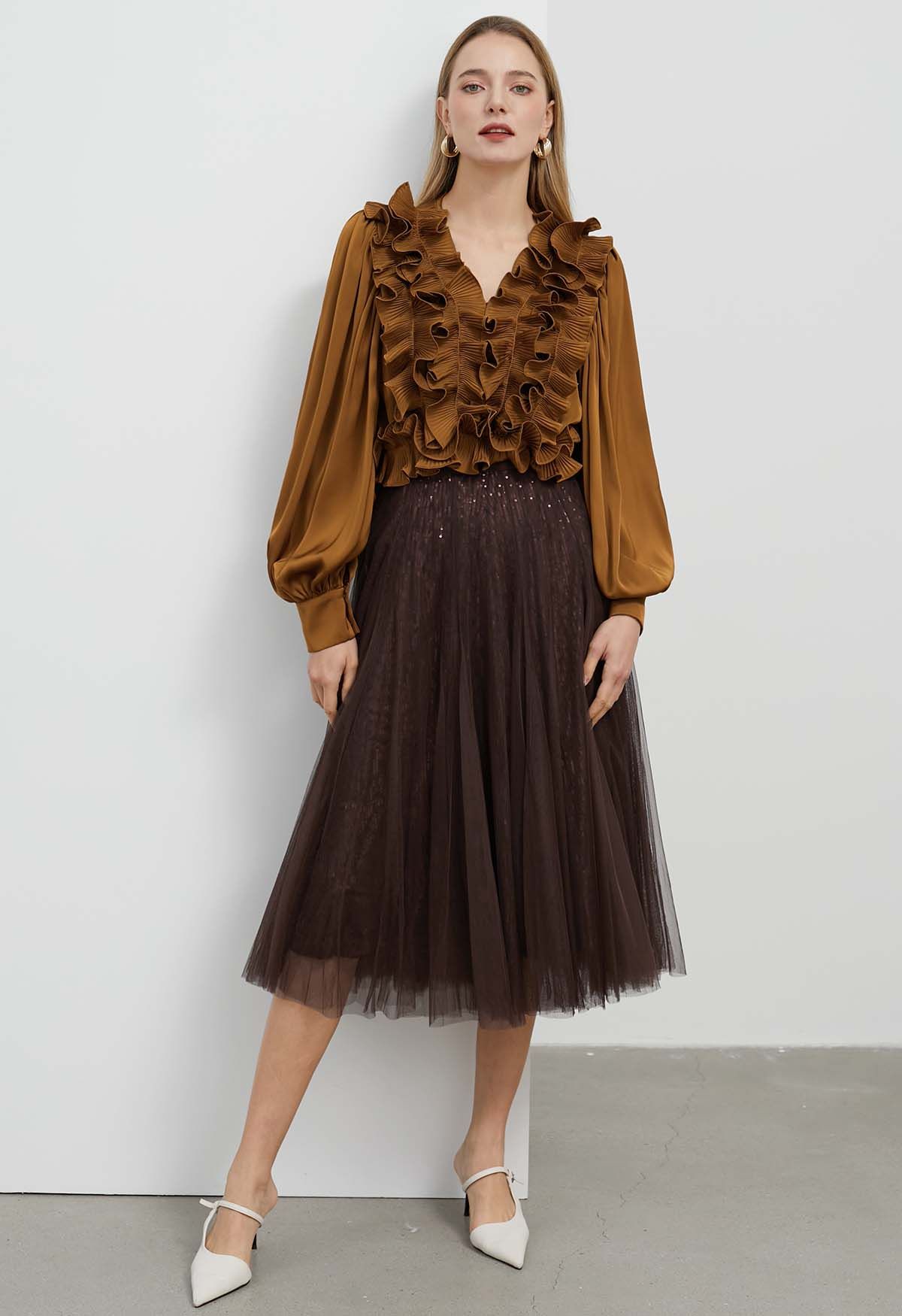 Ravishing Sequins Mesh Tulle Midi Skirt in Brown