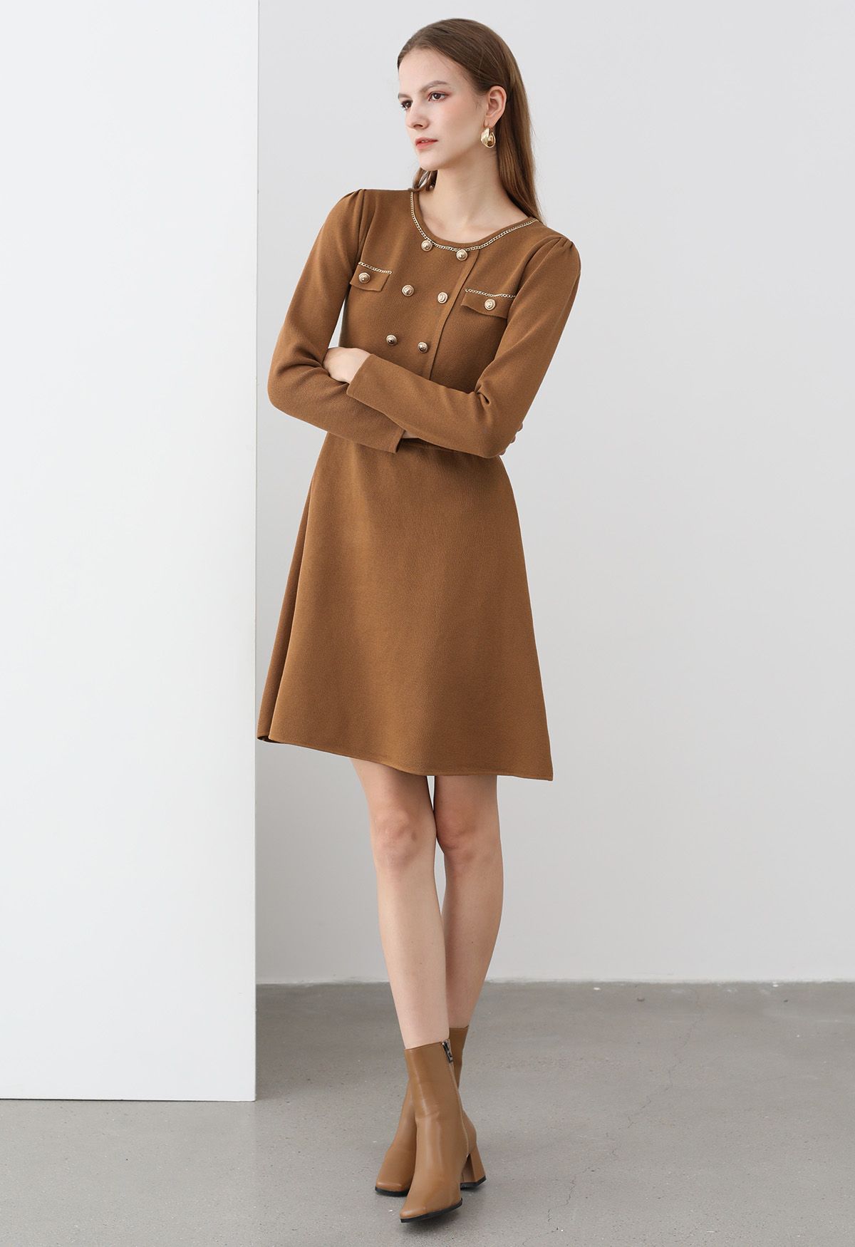 Golden Button Embellished A-Line Knit Dress in Camel