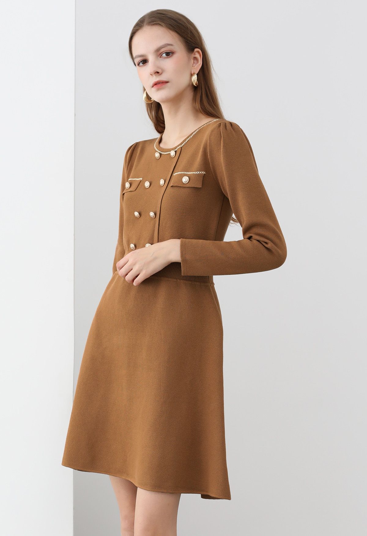 Golden Button Embellished A-Line Knit Dress in Camel