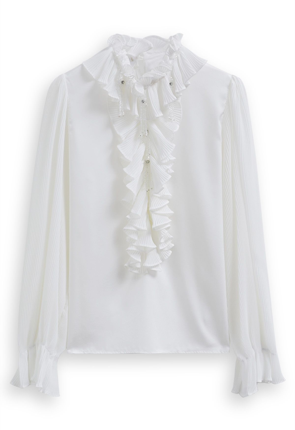 Luscious Ruffle Spliced Plisse Sleeves Top in White