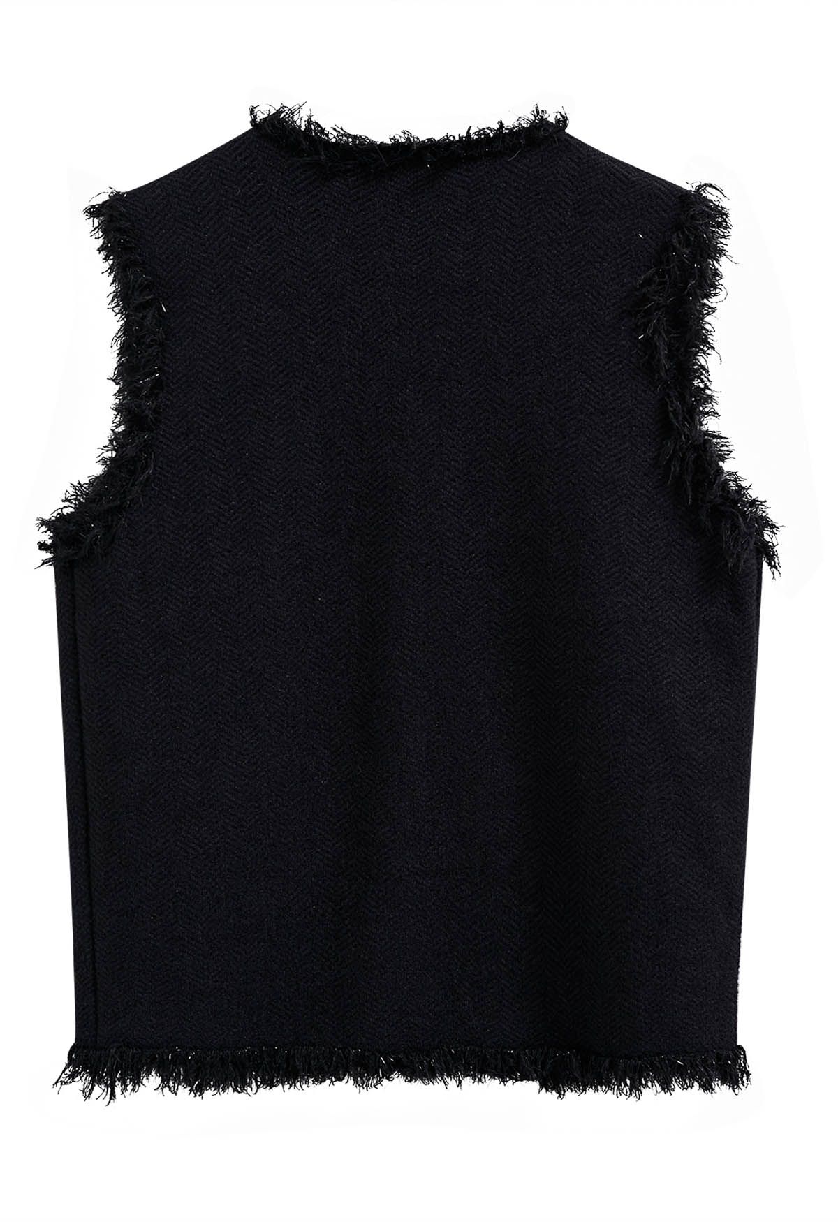 Fringed Edge Buttoned Flap Pocket Knit Vest in Black