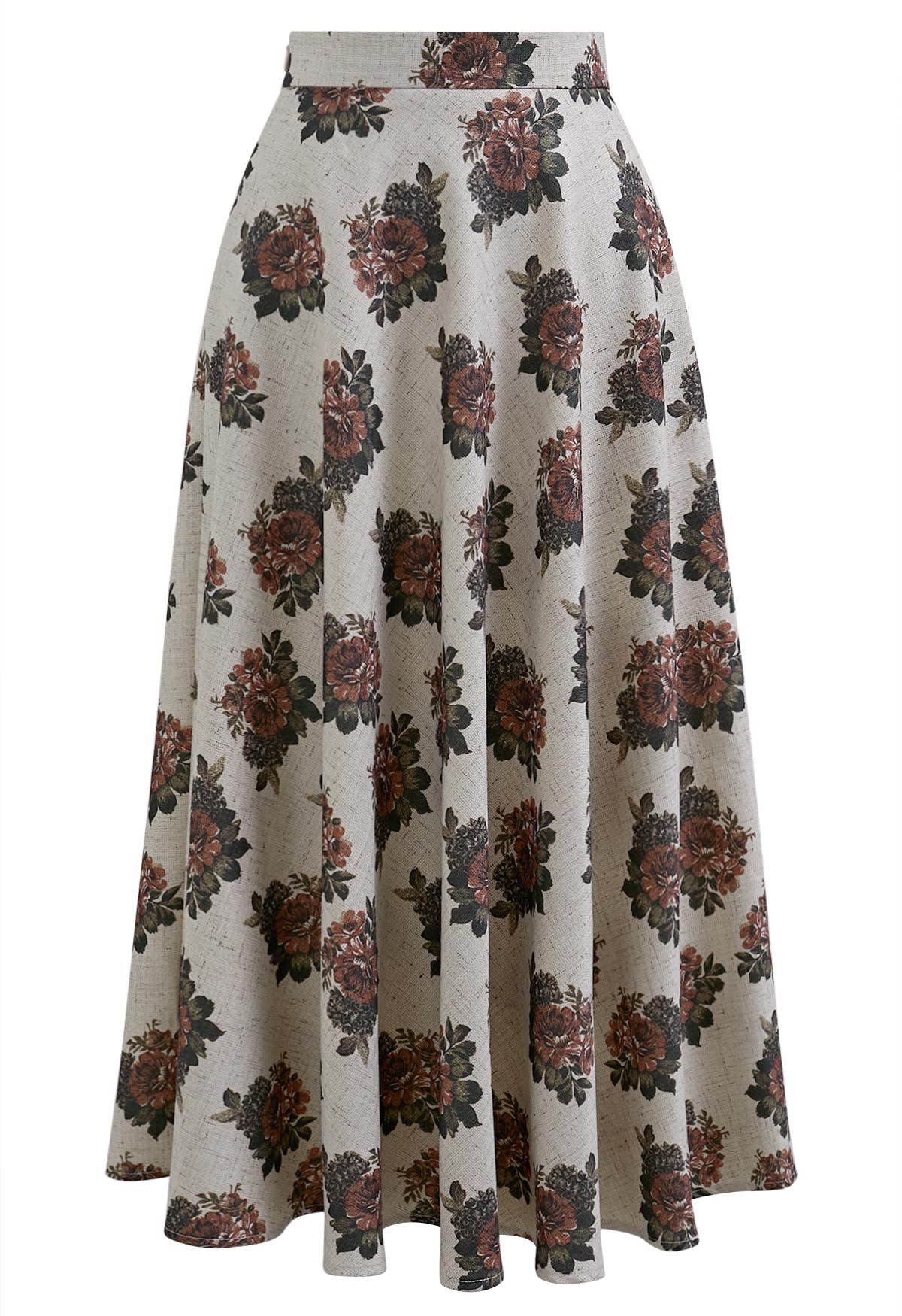 Vintage Bloom A-Line Midi Skirt