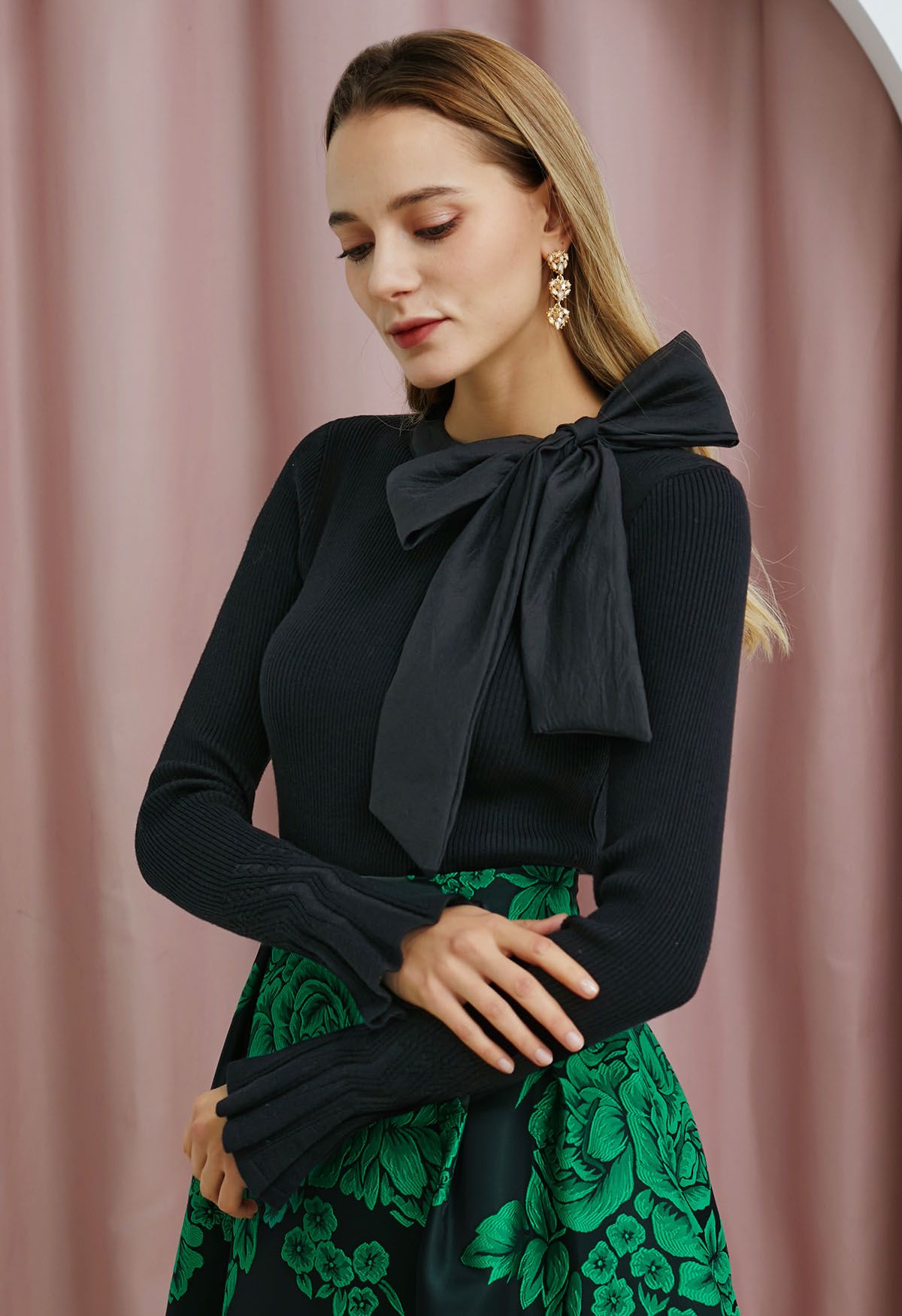 Fancy with Bowknot Knit Top in Black