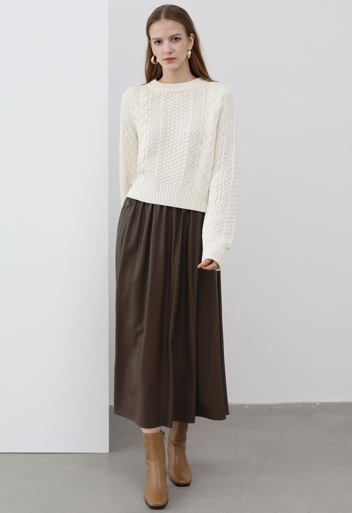 Basic Soft Faux Leather A-Line Skirt in Brown