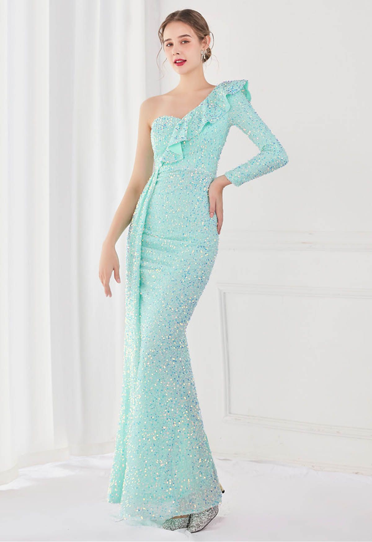 One-Shoulder Sequined Ruffle Slit Maxi Gown in Mint