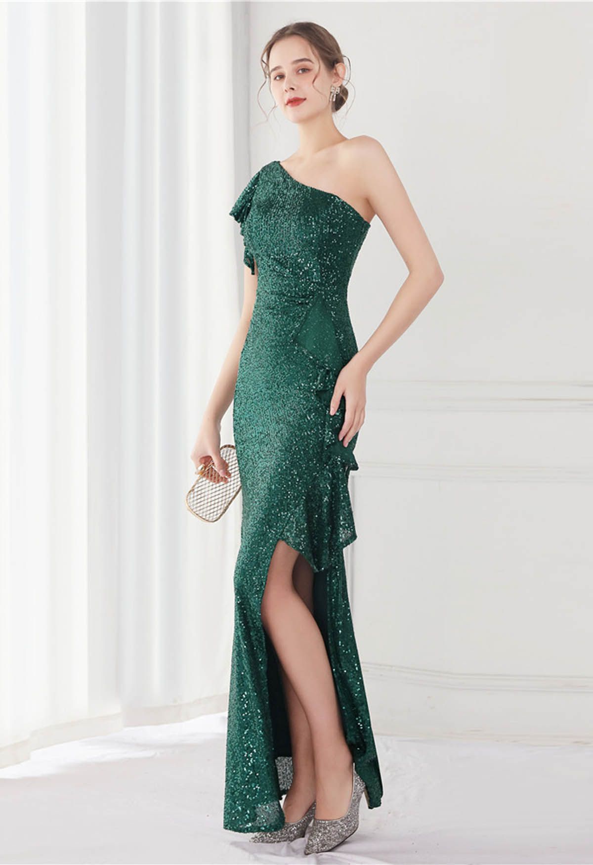 Sequined One-Shoulder Ruffle Mermaid Gown in Dark Green