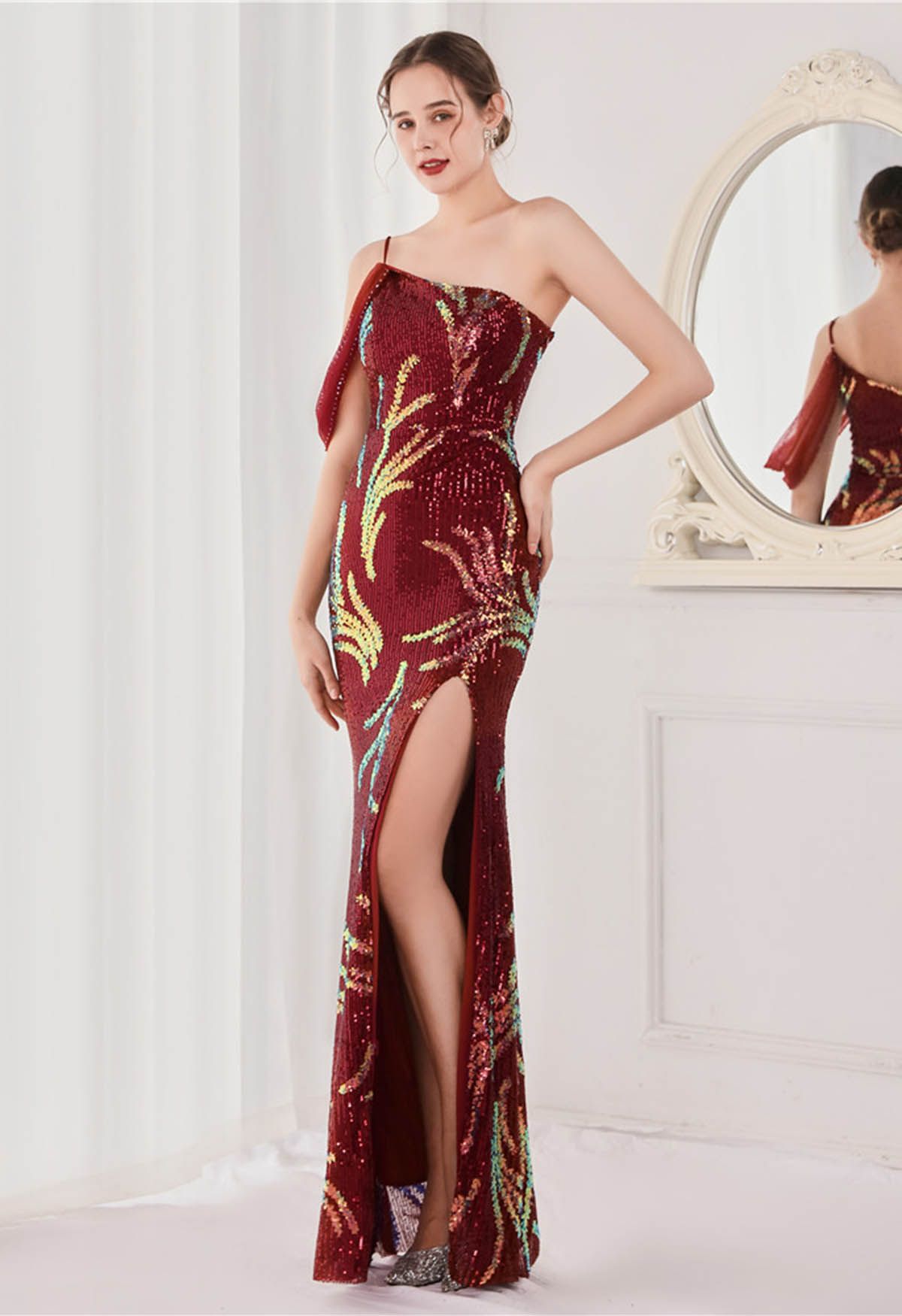 One-Shoulder Front Slit Sequined Maxi Gown in Burgundy