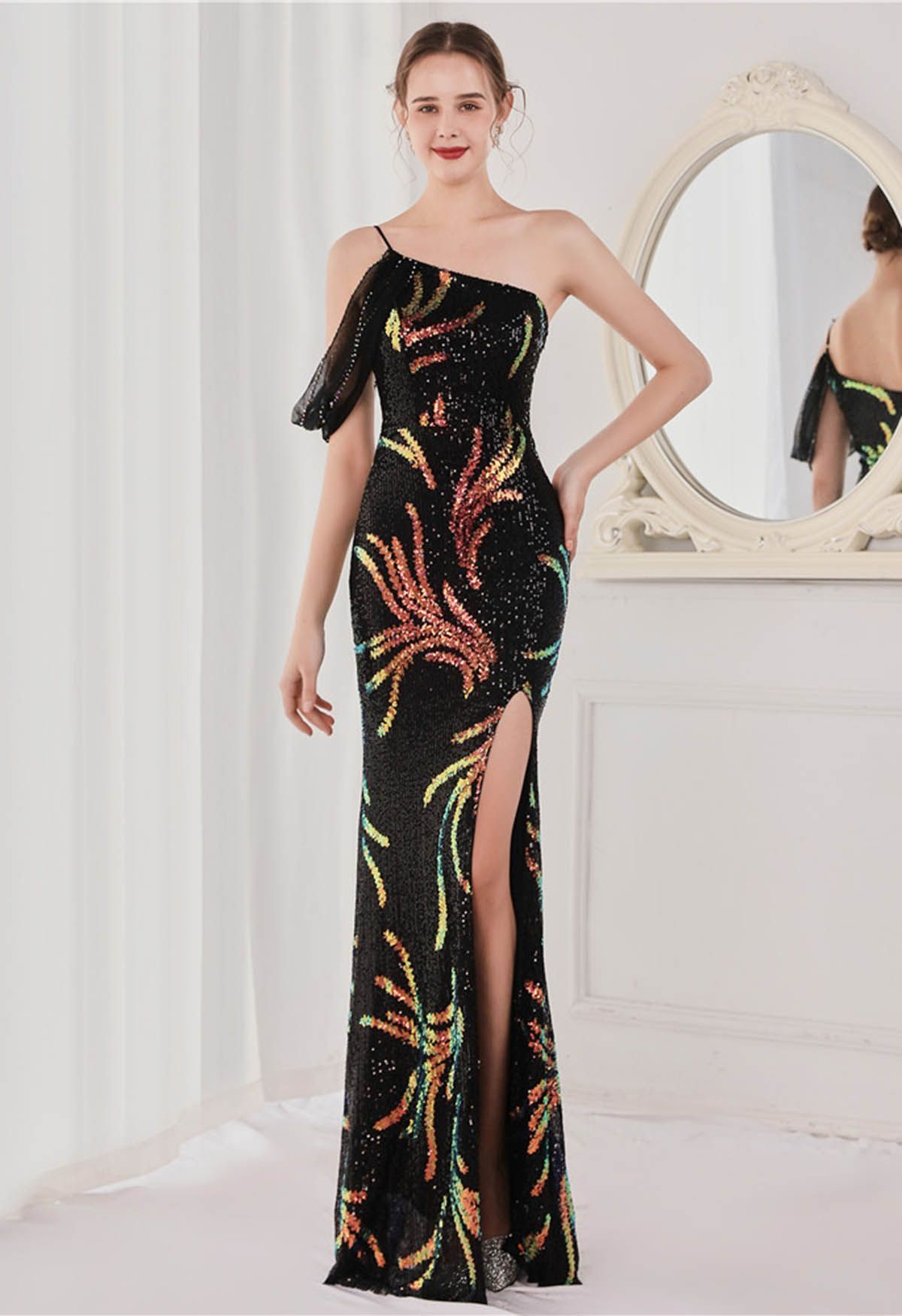 One-Shoulder Front Slit Sequined Maxi Gown in Black