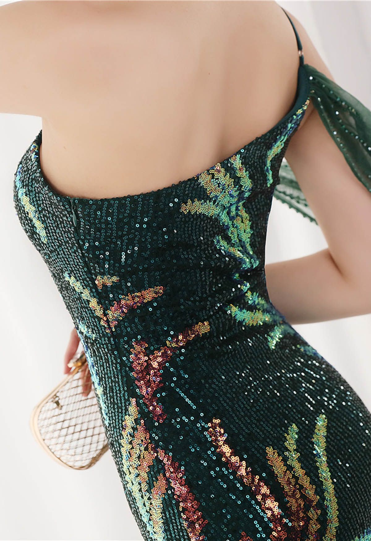 One-Shoulder Front Slit Sequined Maxi Gown in Dark Green