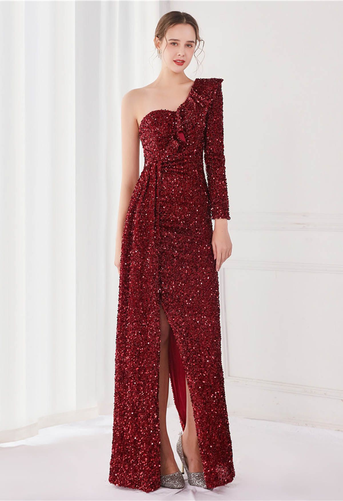 One-Shoulder Sequined Ruffle Slit Maxi Gown in Burgundy