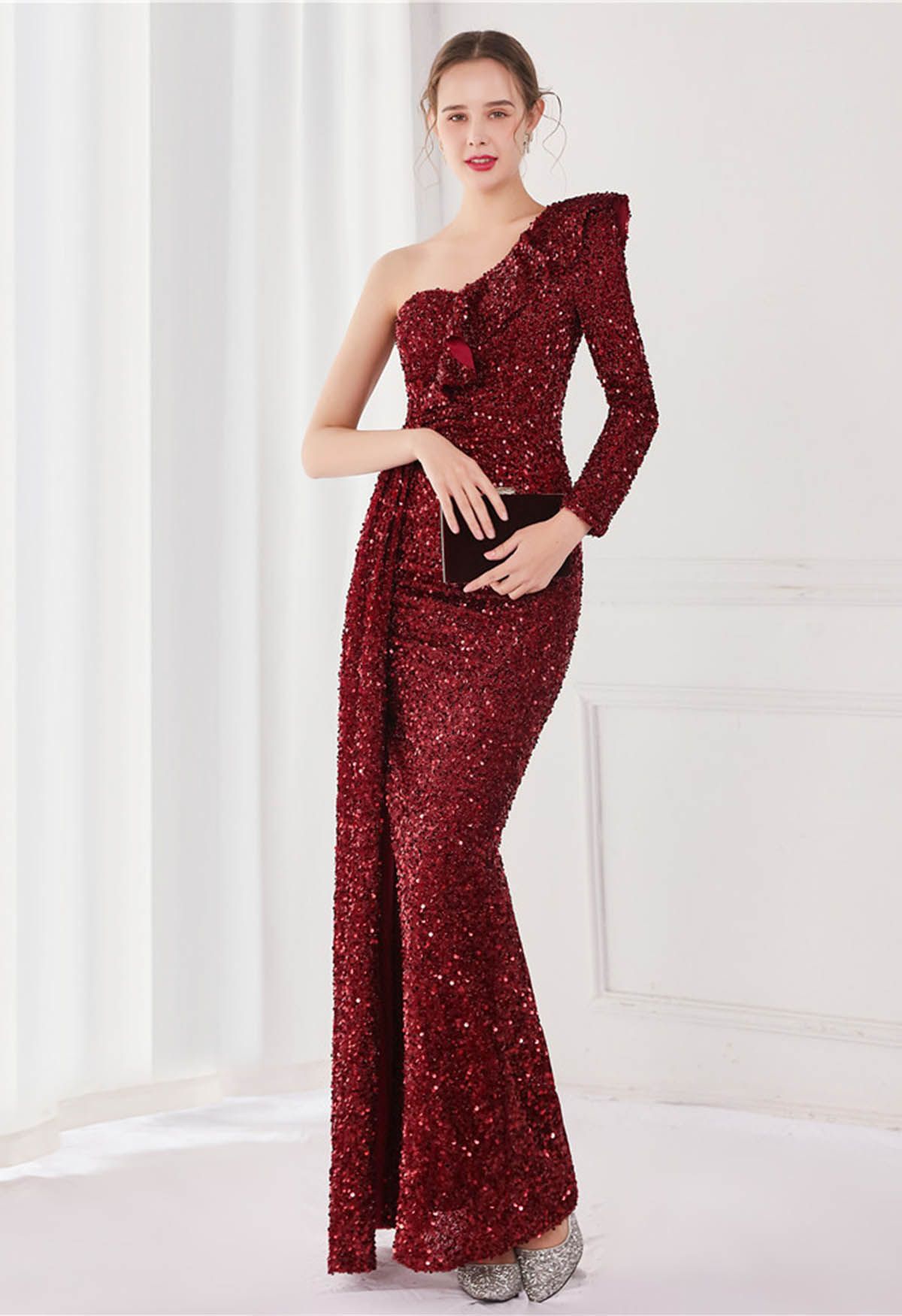 One-Shoulder Sequined Ruffle Slit Maxi Gown in Burgundy