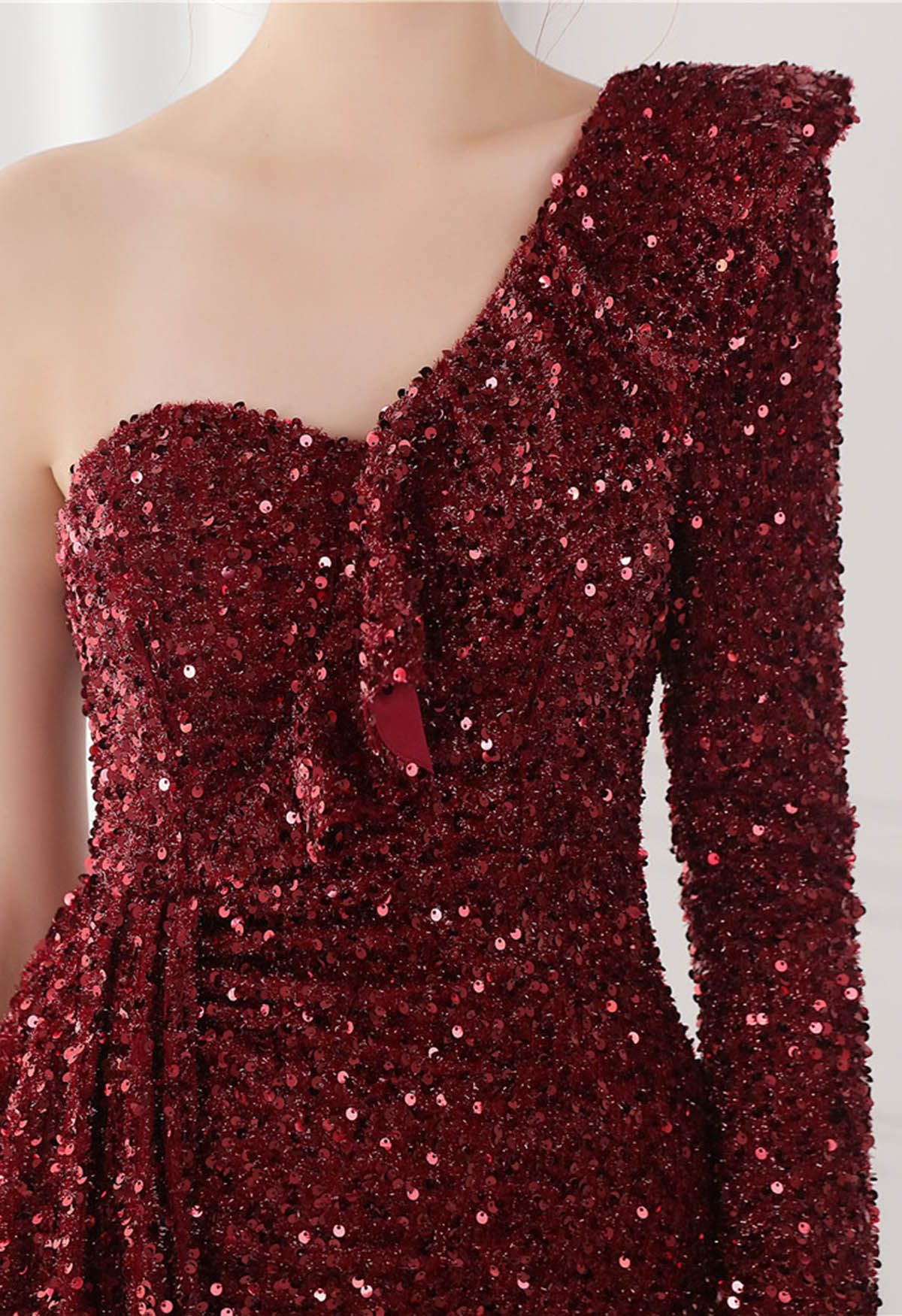 One-Shoulder Sequined Ruffle Slit Maxi Gown in Burgundy