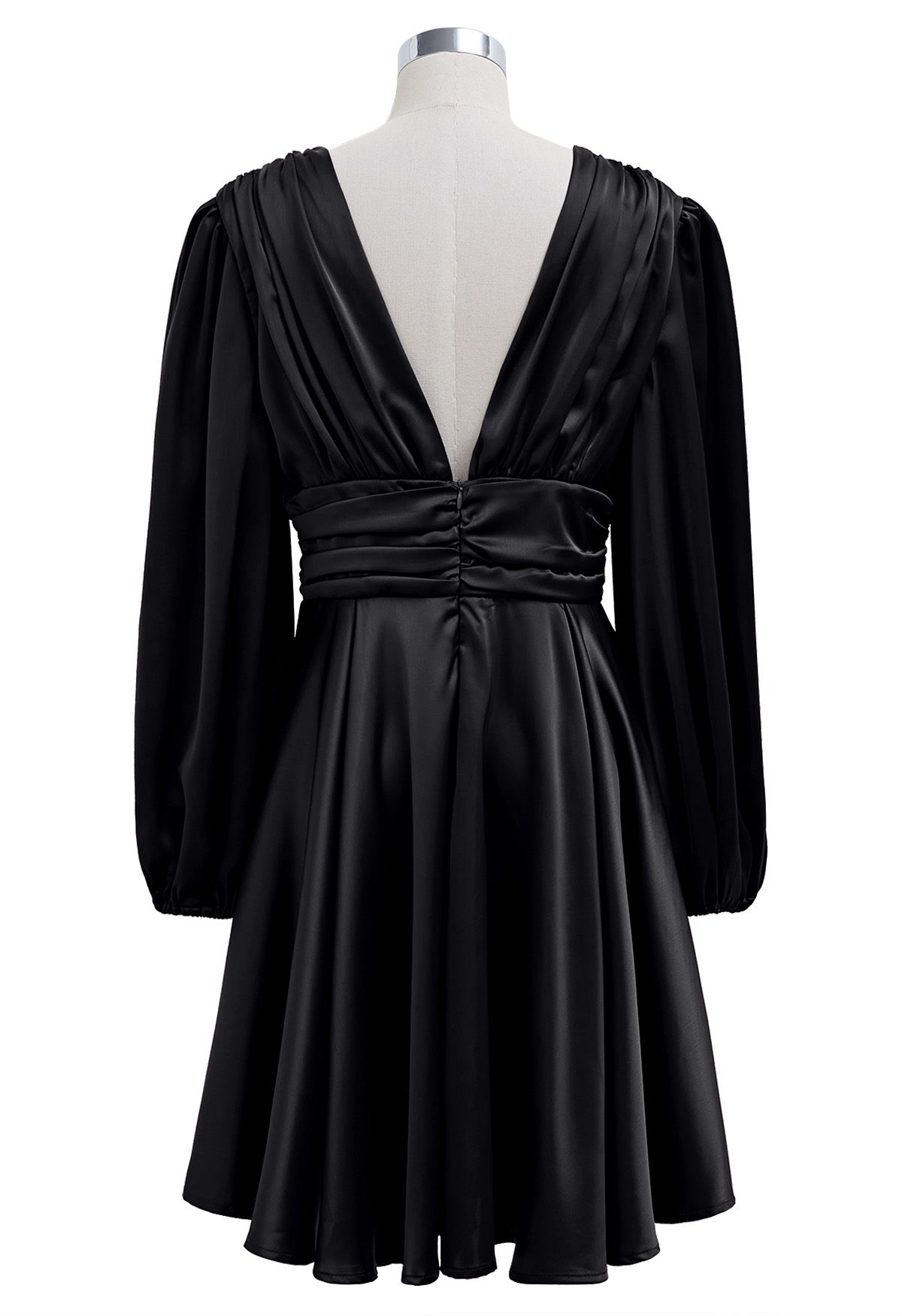 Plunging V-Neck Ruched Waist Satin Dress in Black