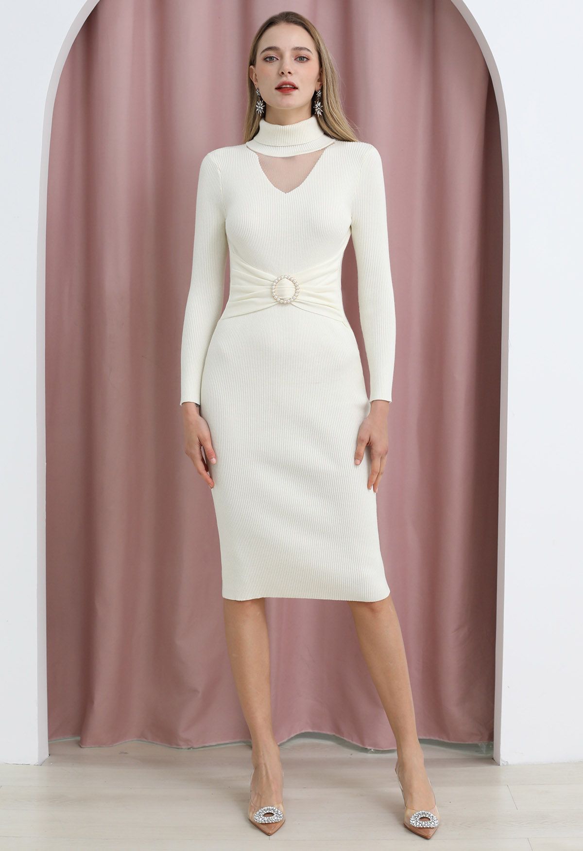 Turtleneck Mesh Inserted O-Ring Waist Knit Dress in Ivory