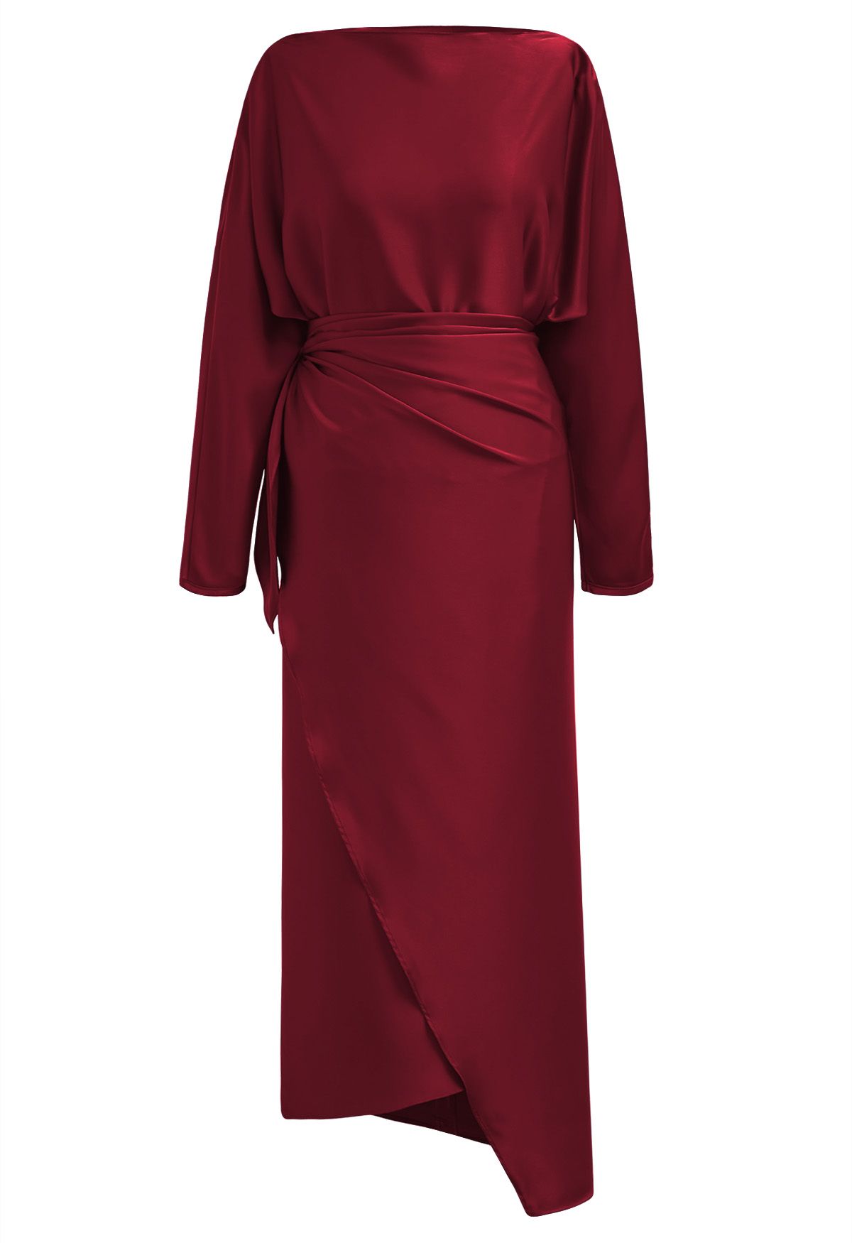 Satin Boat Neck Wrapped Waist Maxi Dress in Red