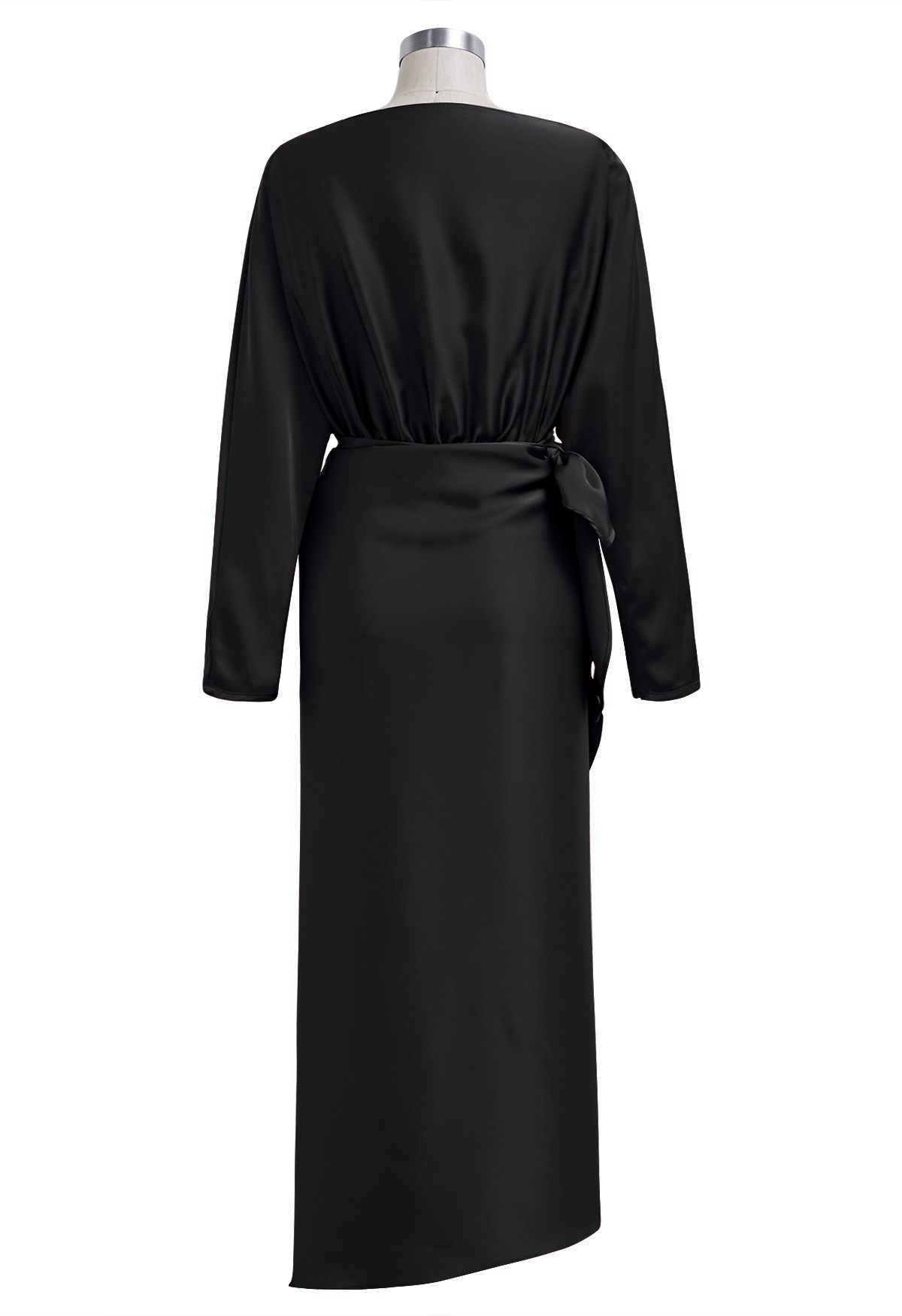 Satin Boat Neck Wrapped Waist Maxi Dress in Black