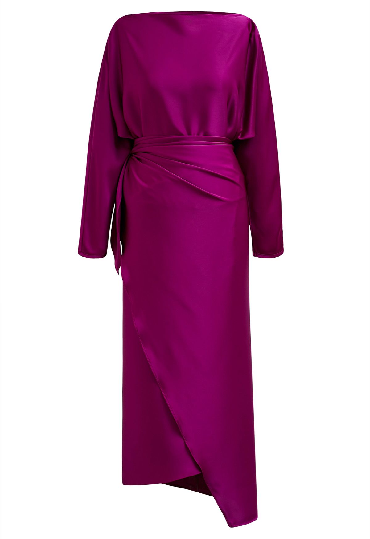 Satin Boat Neck Wrapped Waist Maxi Dress in Magenta