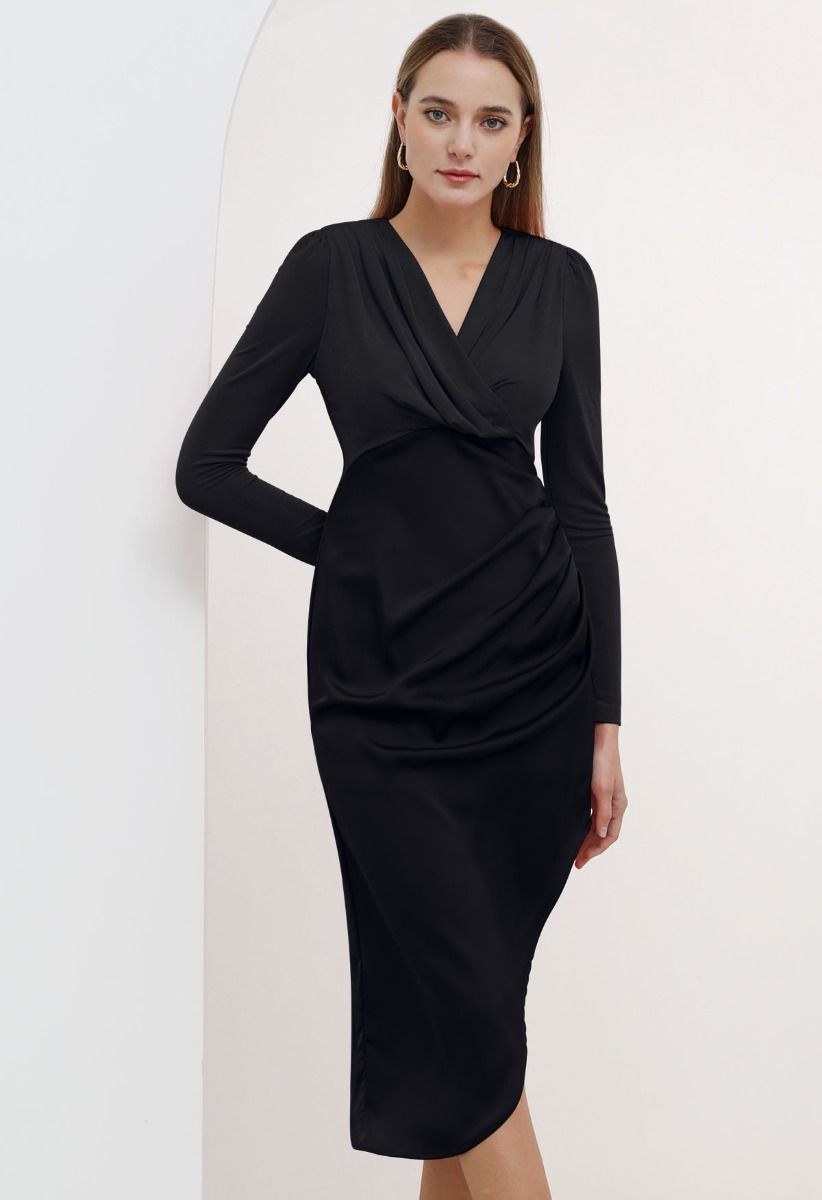 Velvet Spliced Asymmetric Hem Satin Dress in Black