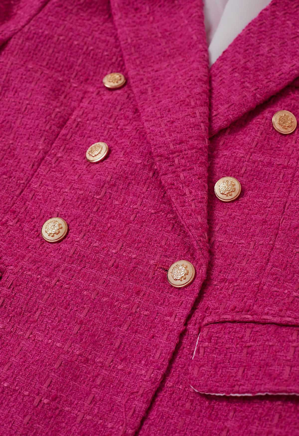 Check Tweed Double-Breasted Blazer in Hot Pink