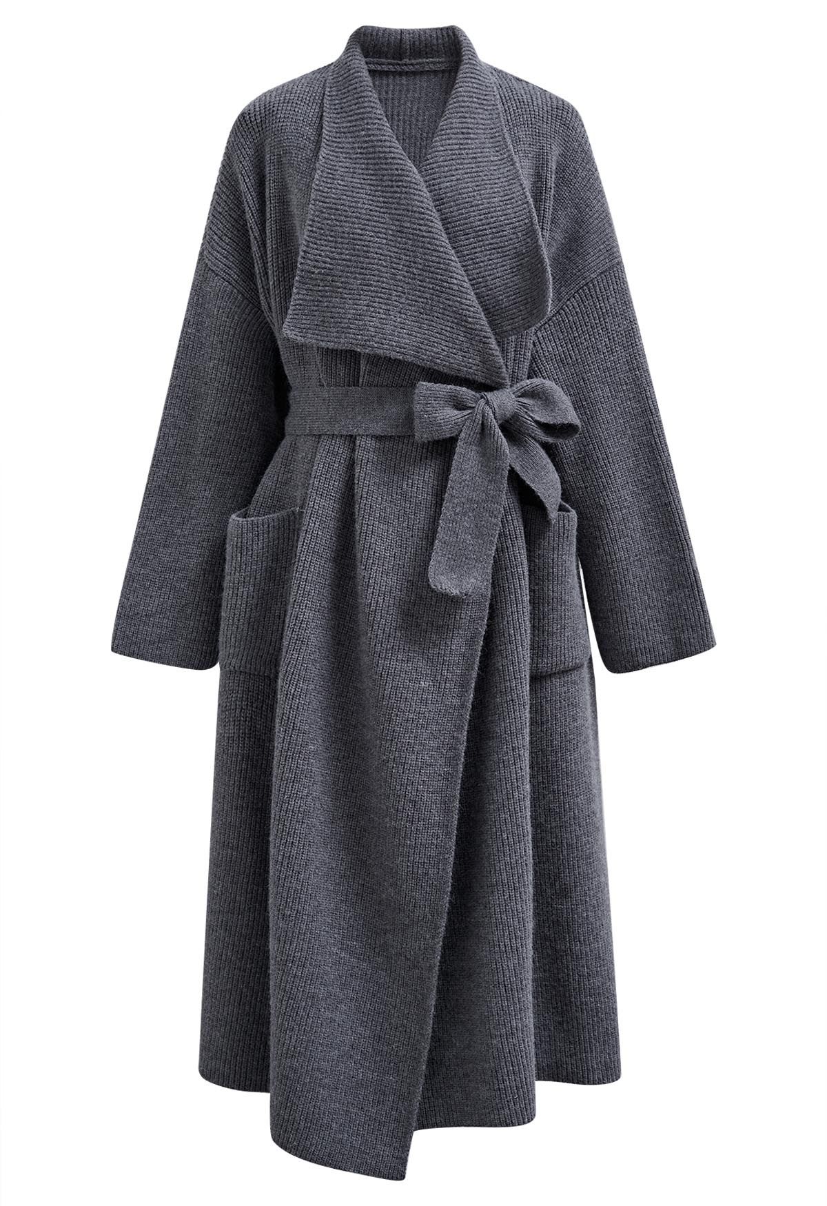 Wide Lapel Tie Waist Longline Knit Cardigan in Smoke