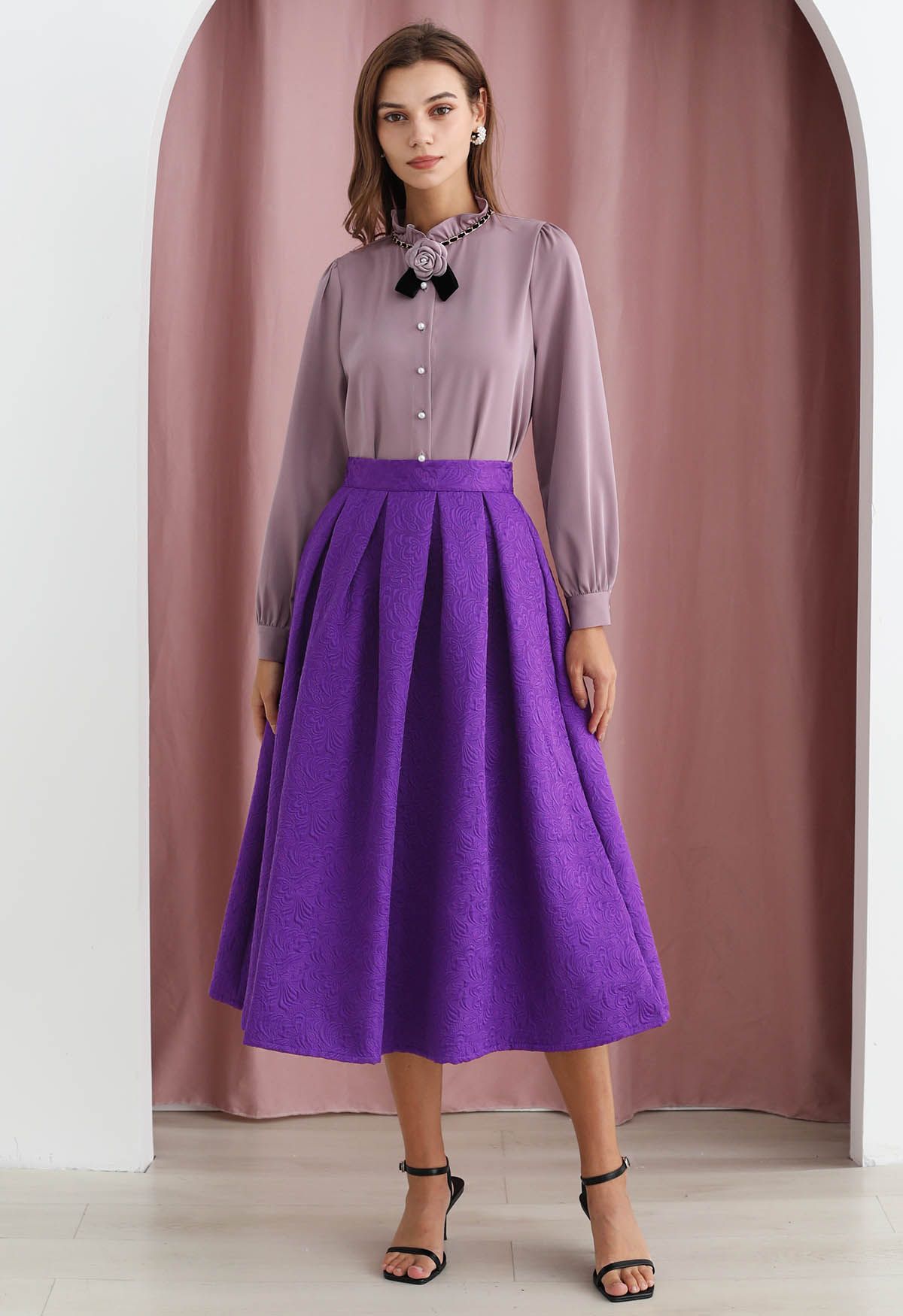 Noble Embossed Floral Jacquard Midi Skirt in Purple - Retro, Indie and ...