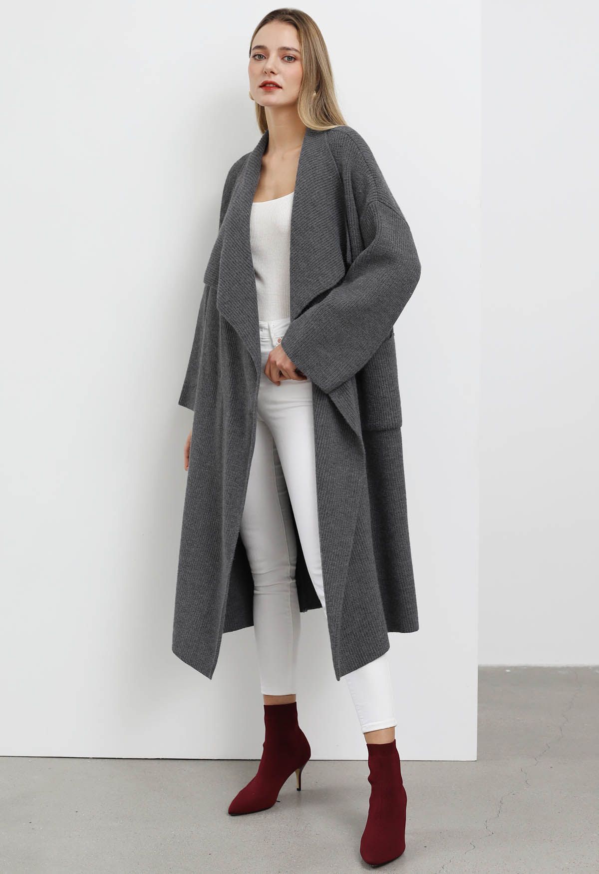 Wide Lapel Tie Waist Longline Knit Cardigan in Smoke