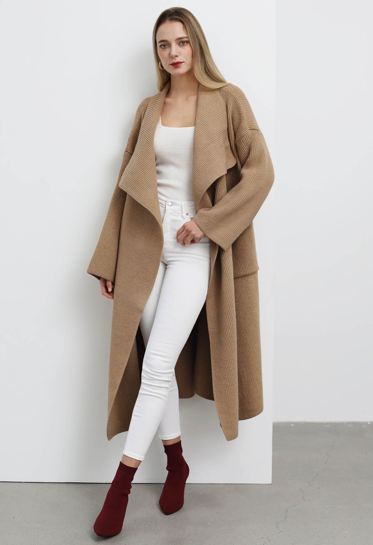 Wide Lapel Tie Waist Longline Knit Cardigan in Camel