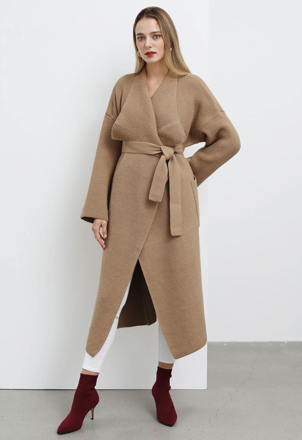 Wide Lapel Tie Waist Longline Knit Cardigan in Camel