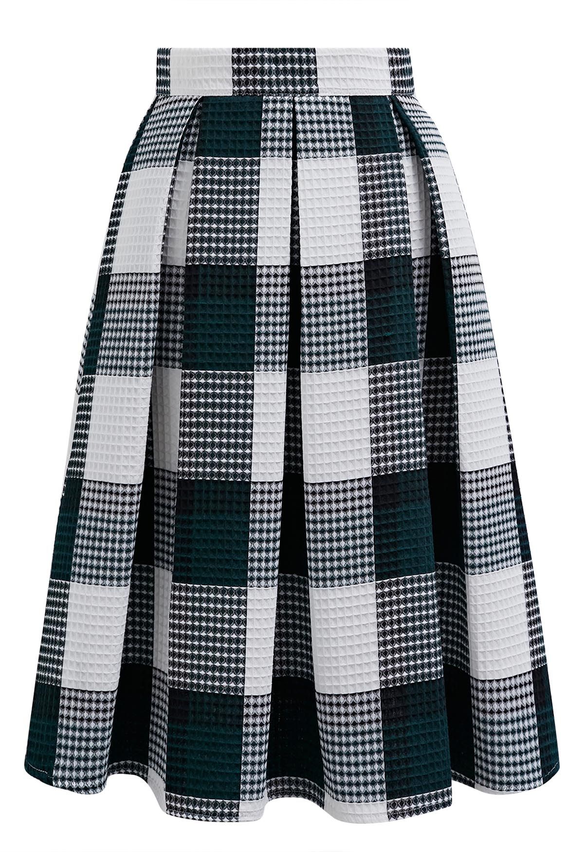 Dark Green Check Waffle Texture Pleated Midi Skirt