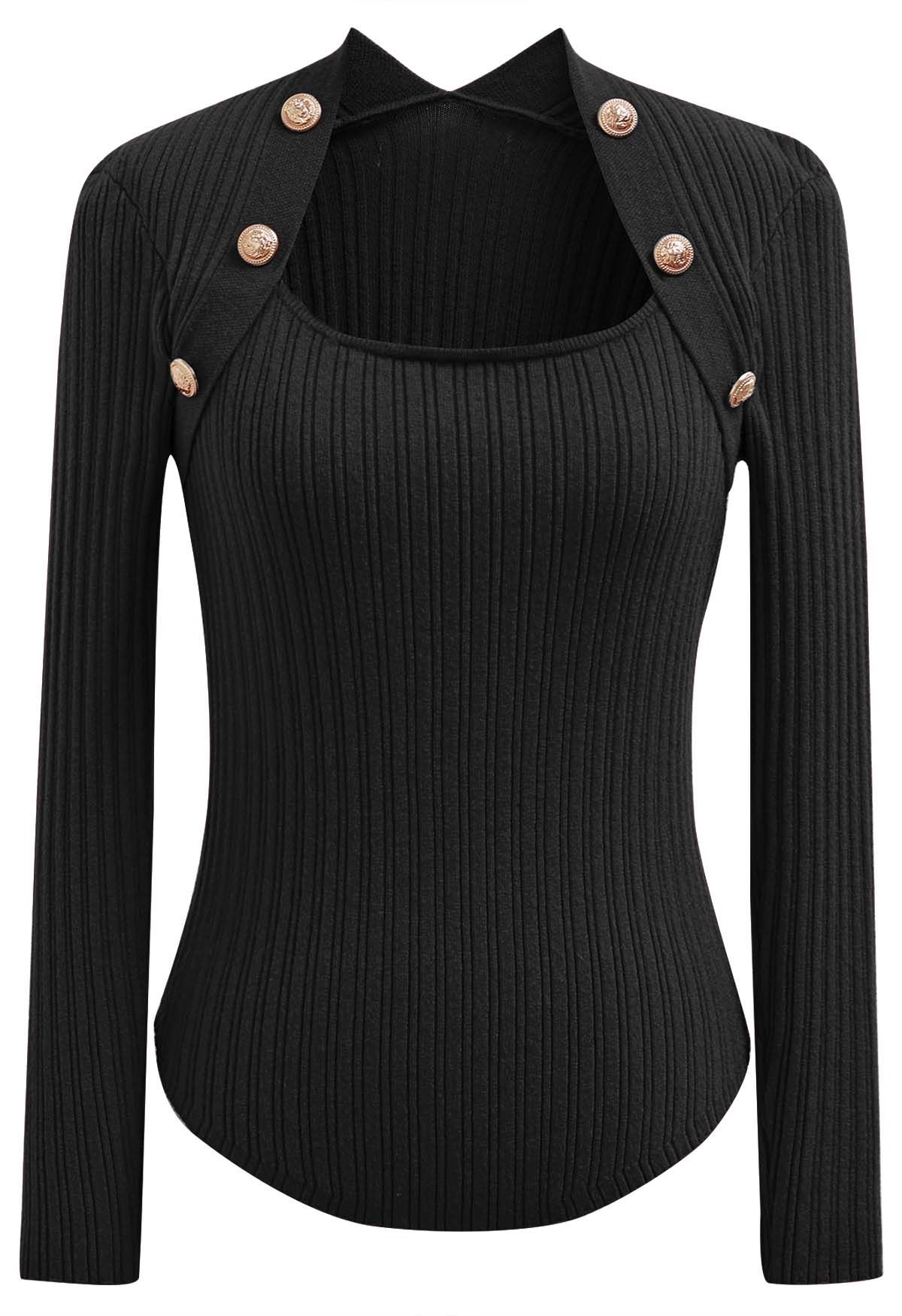 Button Embellished Square Neck Knit Top in Black